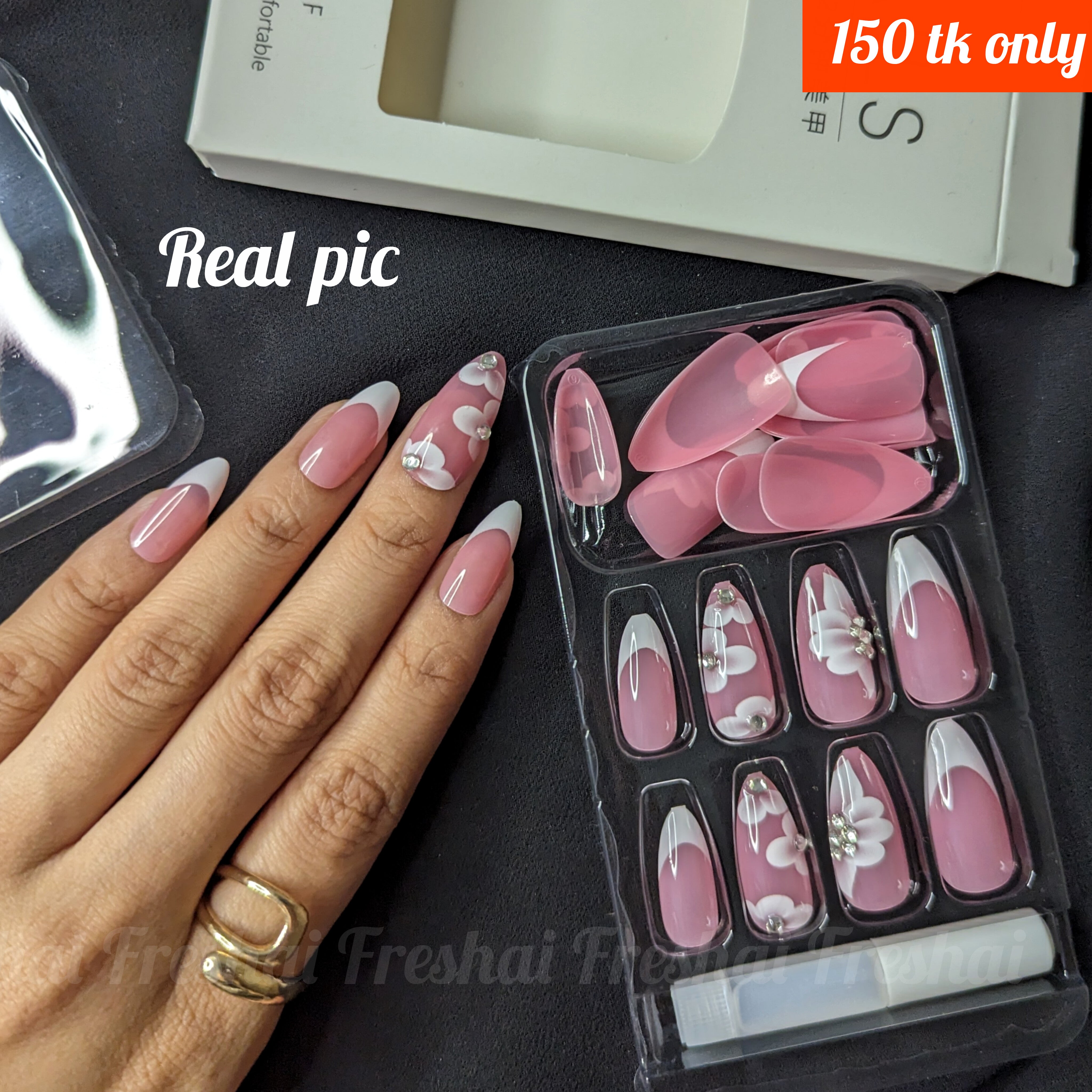 Pink French Flower Press On Nails