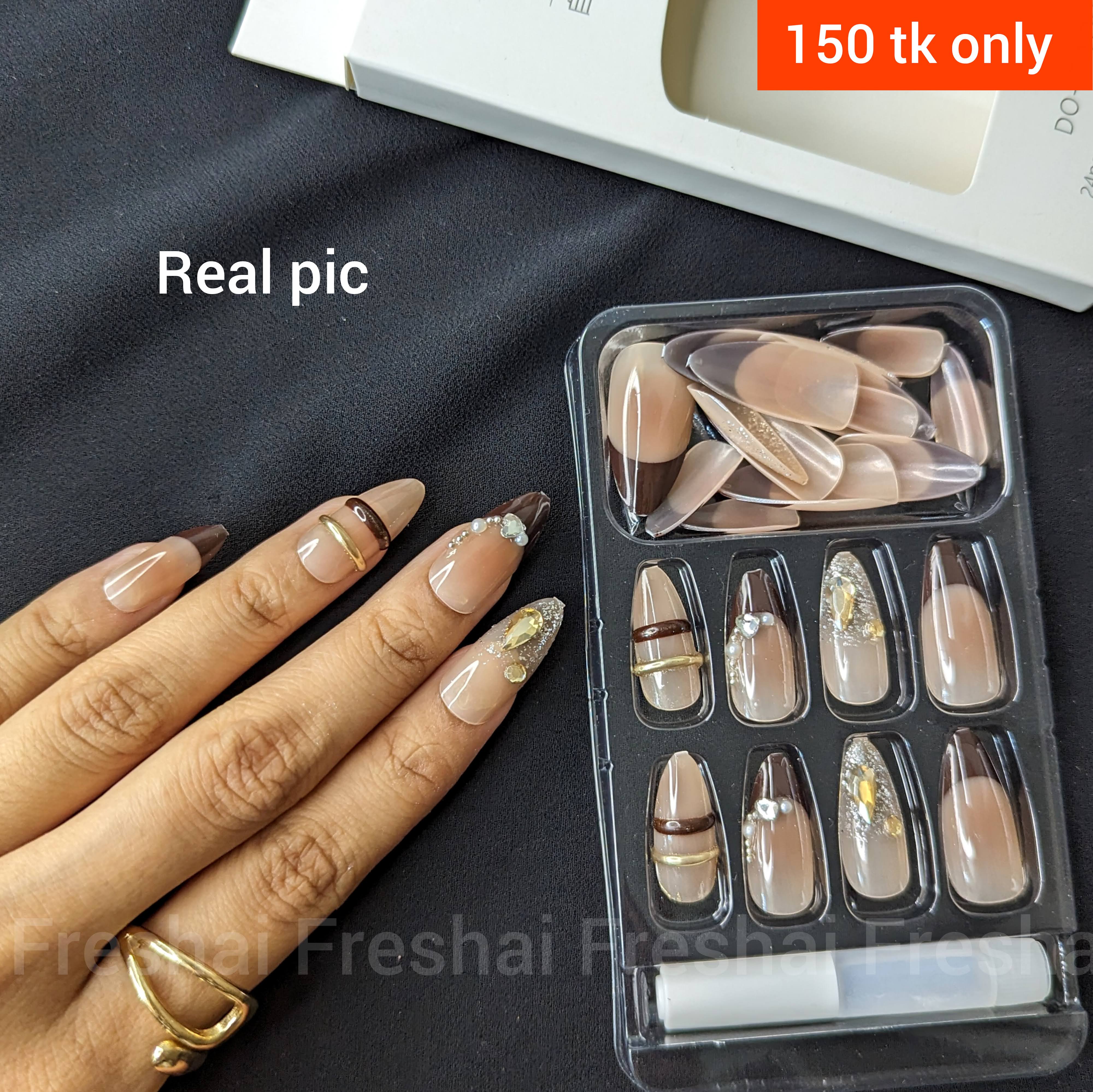 Brown Gold Line Art Press On Nails