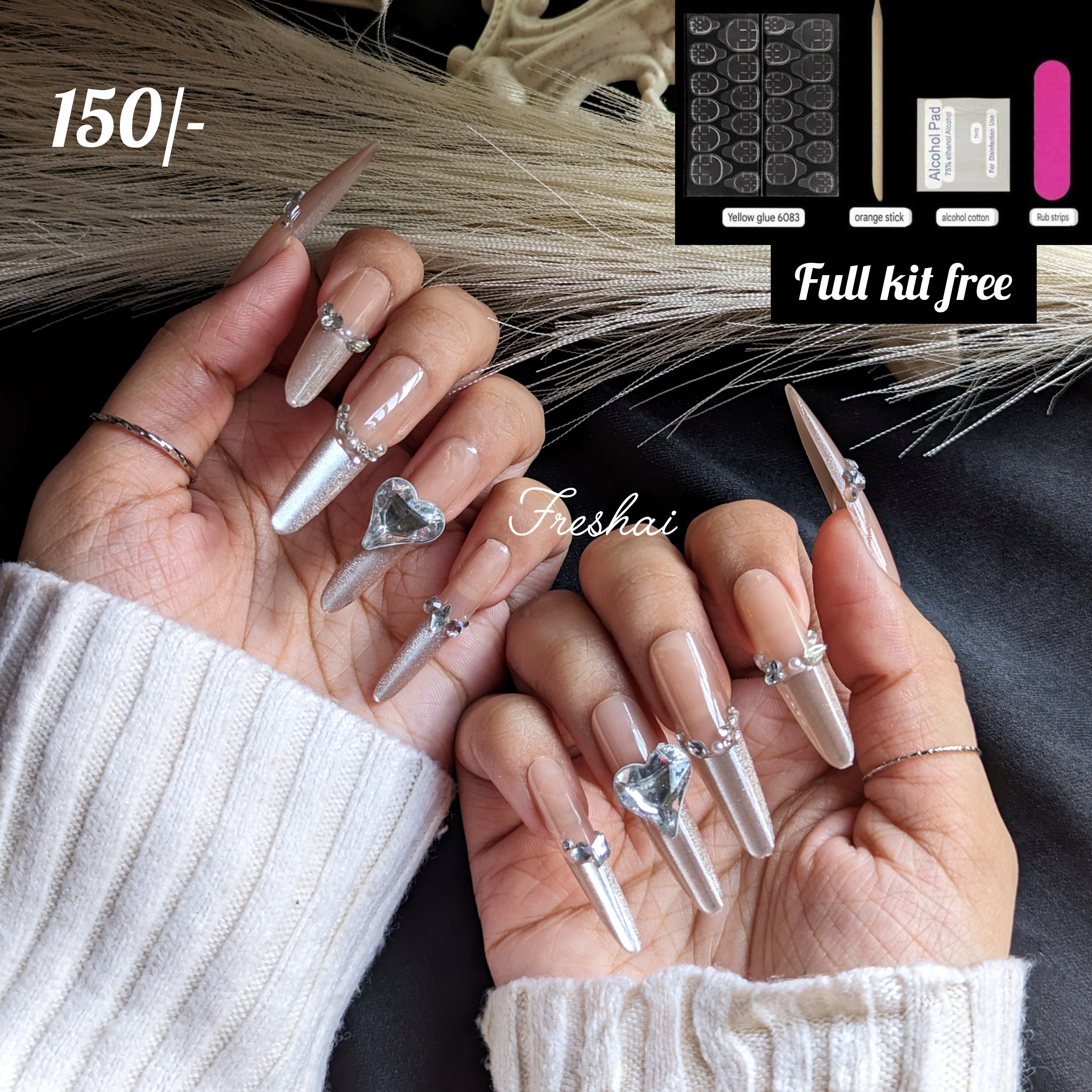 Fake Nails Silver Heart