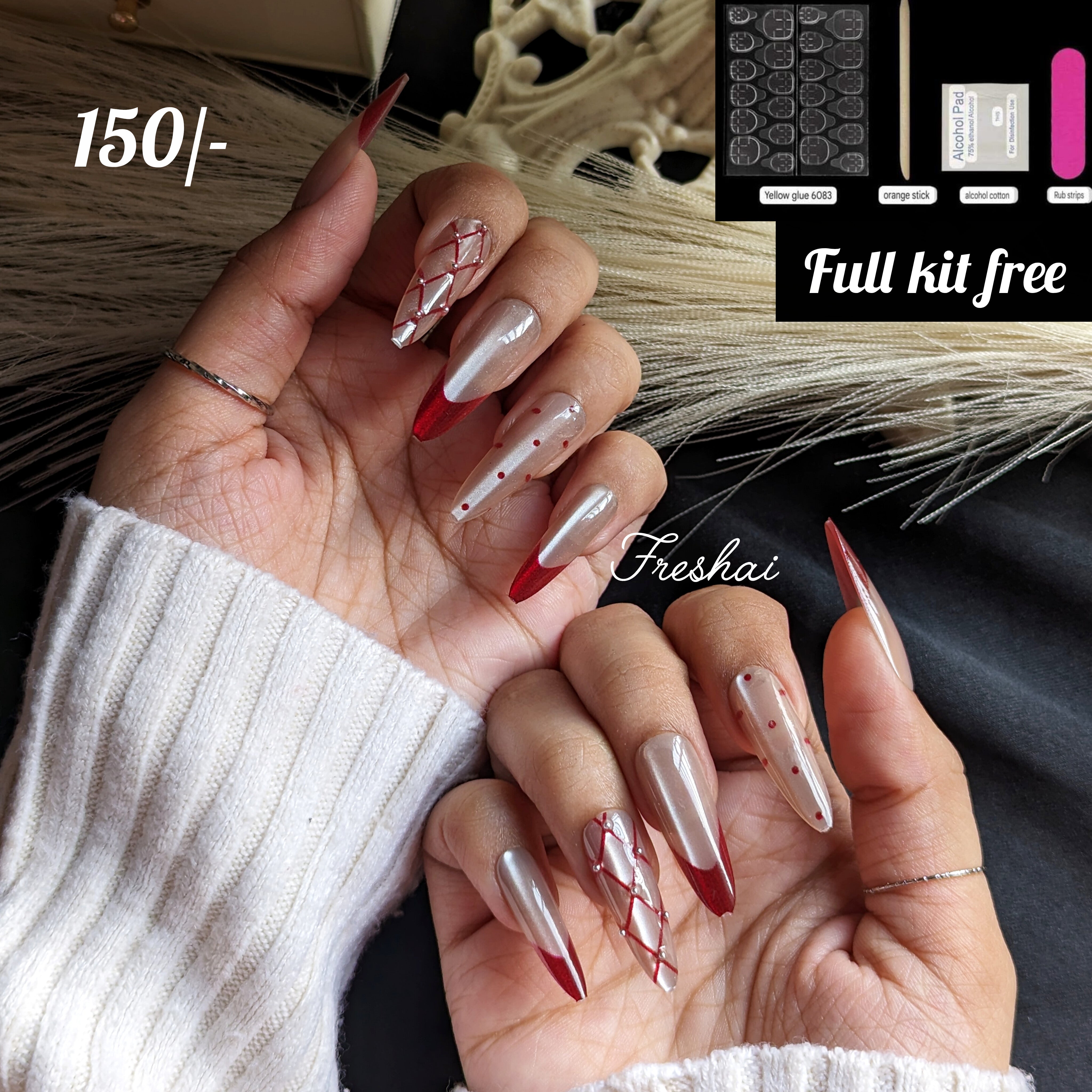 Fake Nails Red Diamond Pattern