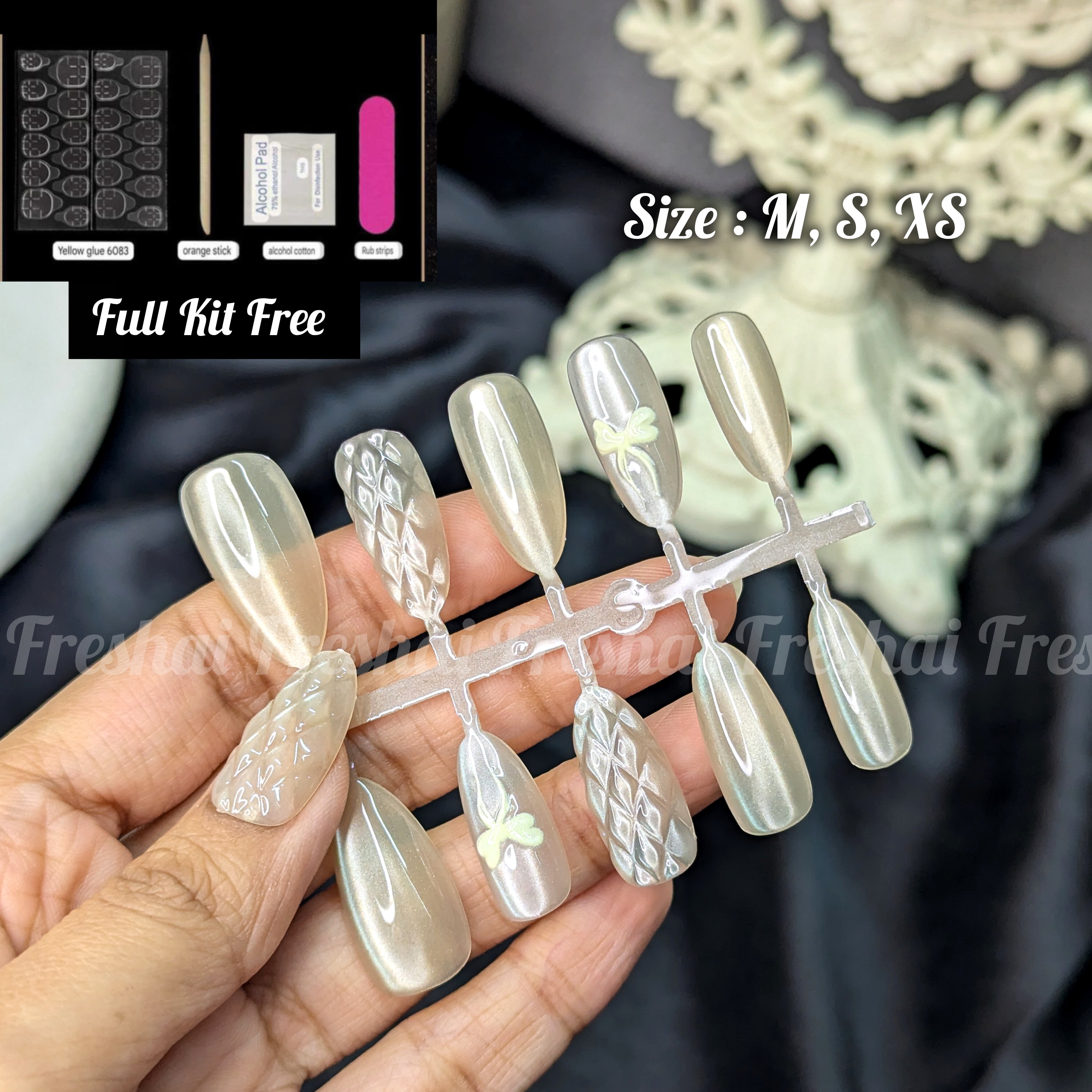 Grey Butterfly Design Fake Nails