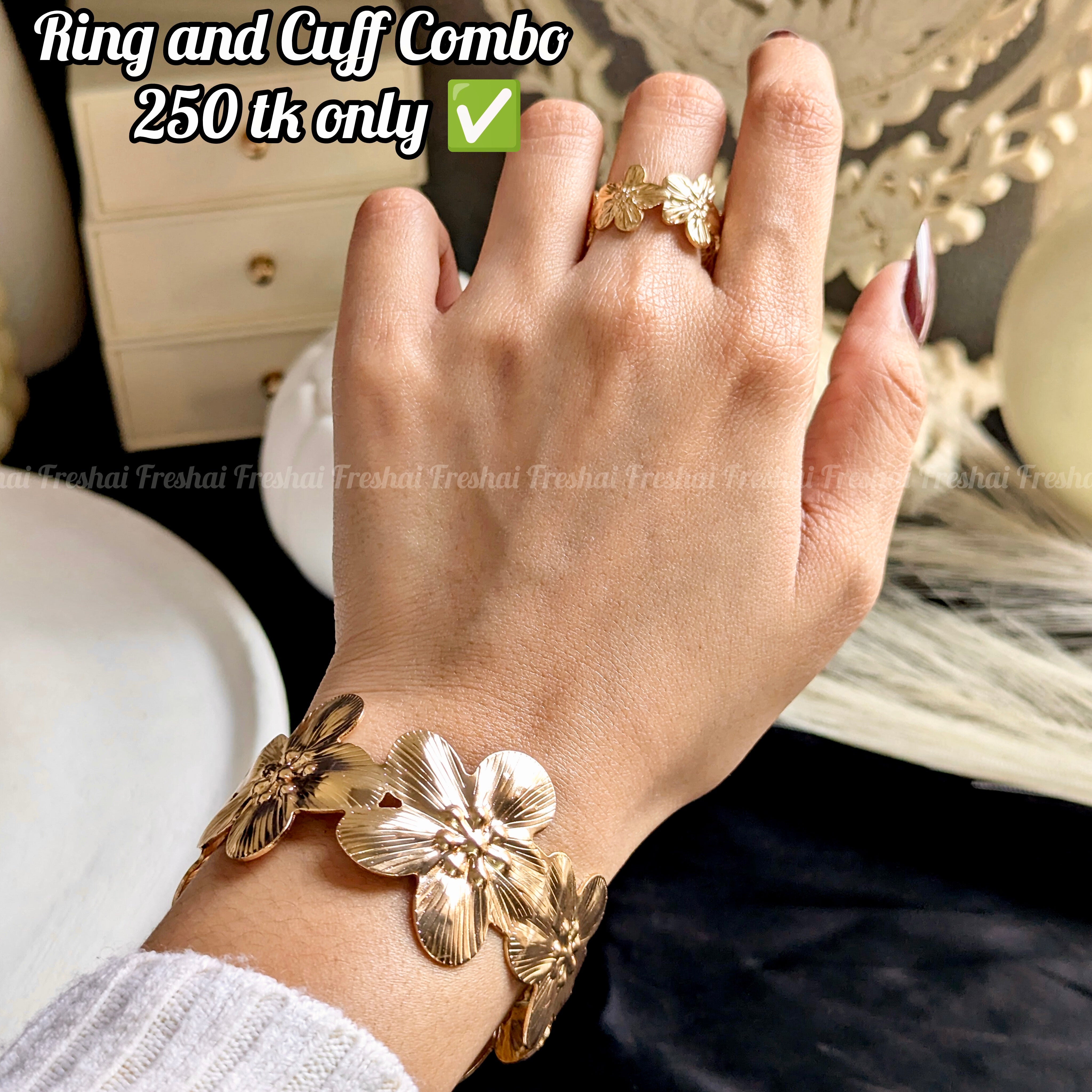 Flowery Ring & Cuff Set