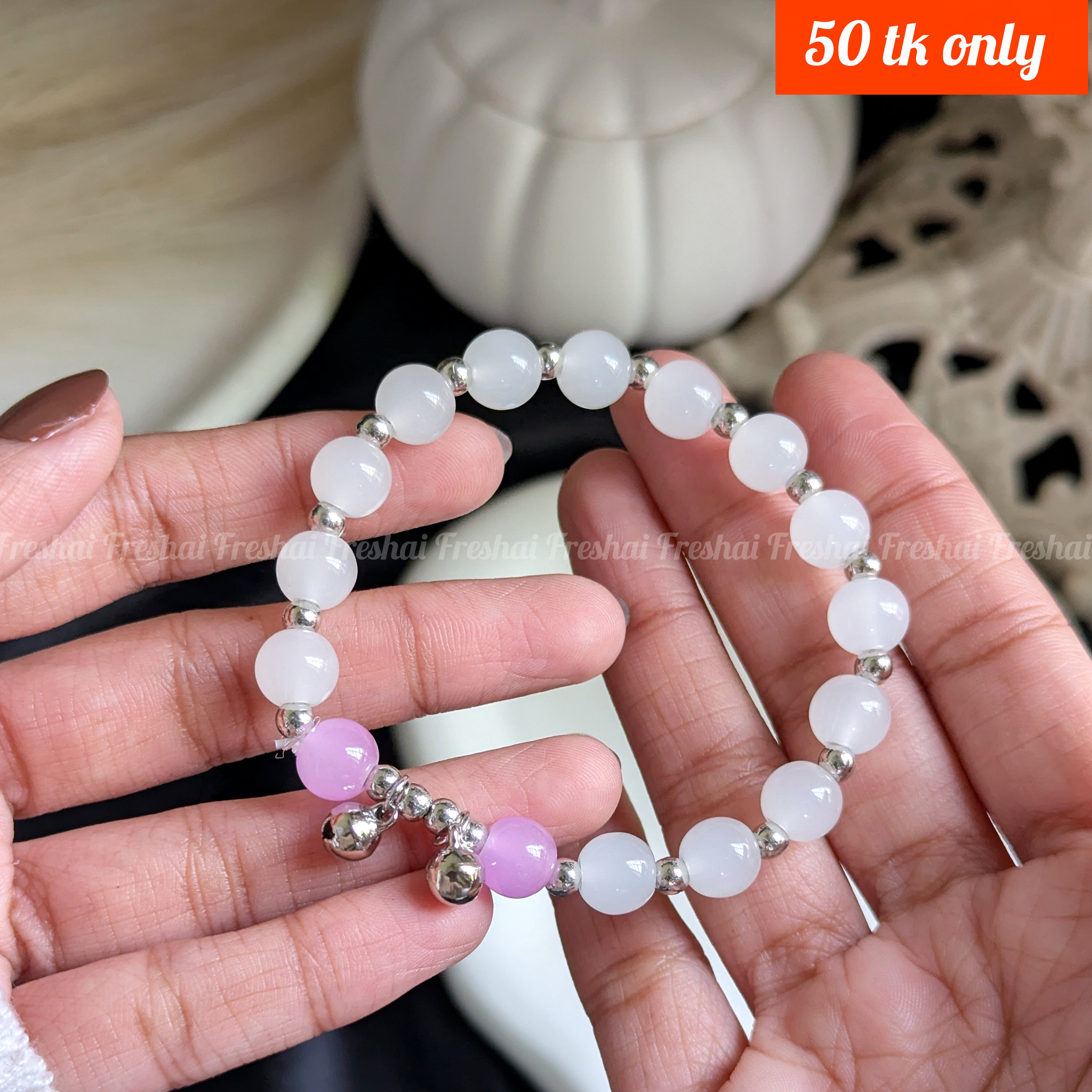 Jingle Beaded Bracelet - White/Pink