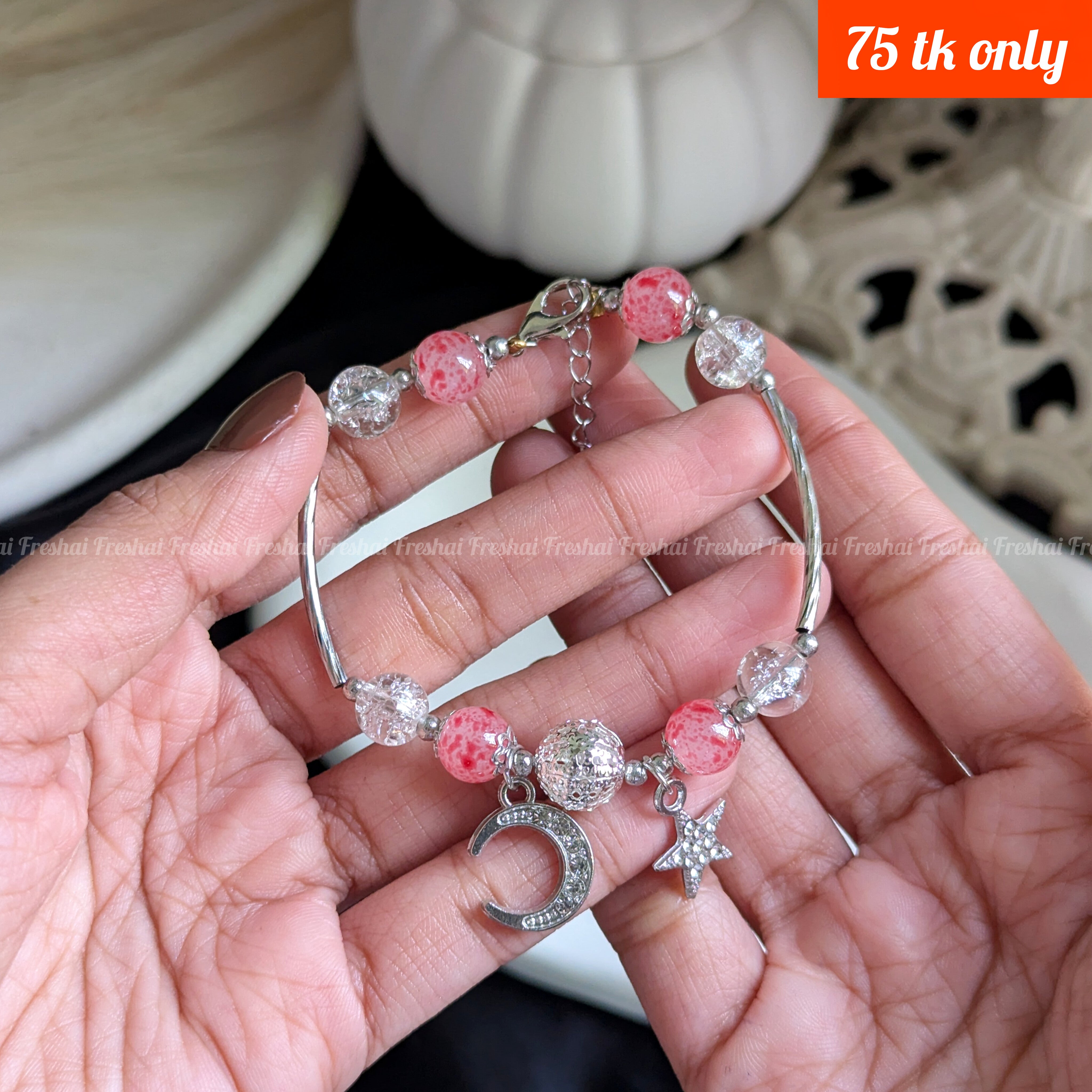 Jingle Beaded Bracelet - Red & Clear with Moon and Star Charms