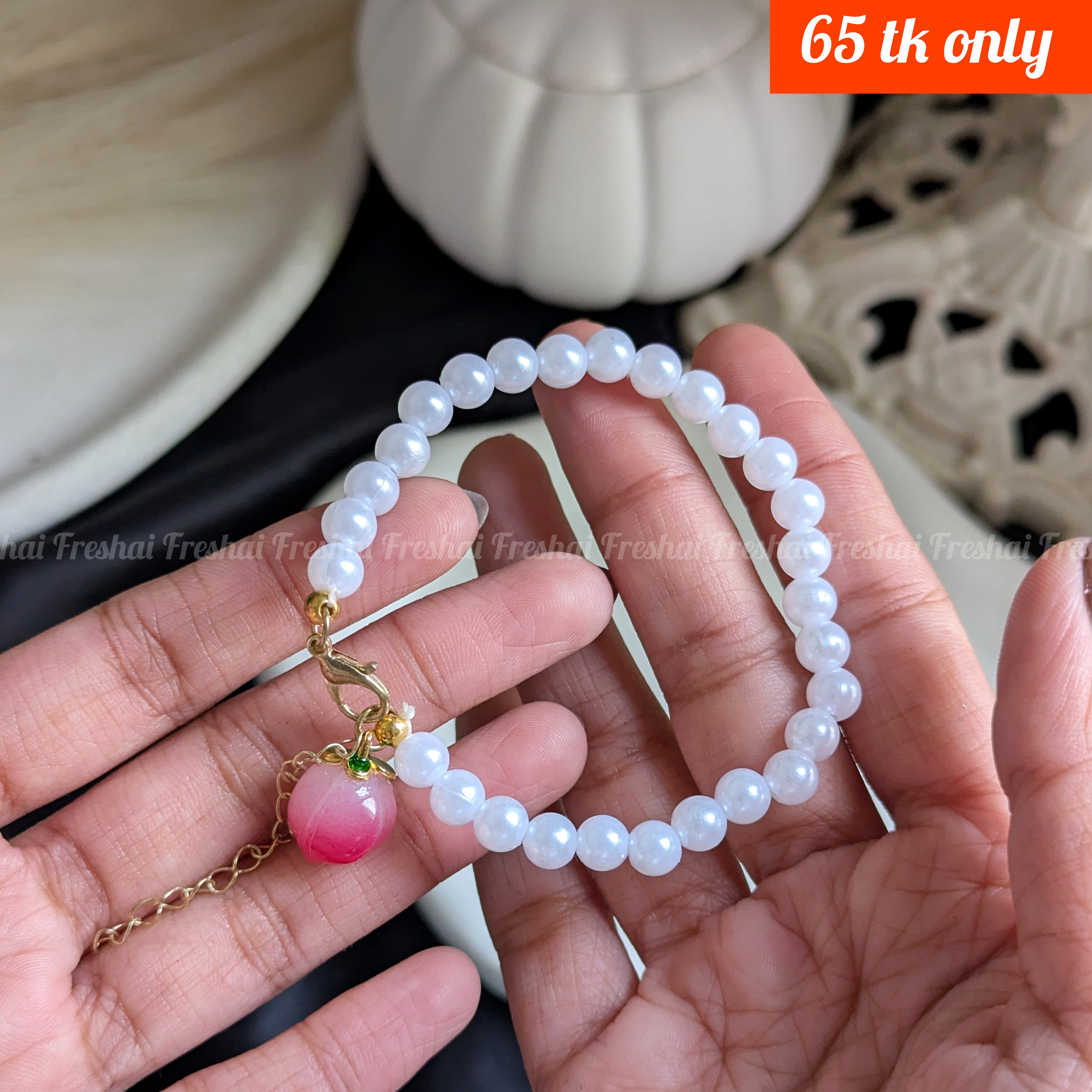 Peach Pearl Style Beaded Bracelet - Pink/White