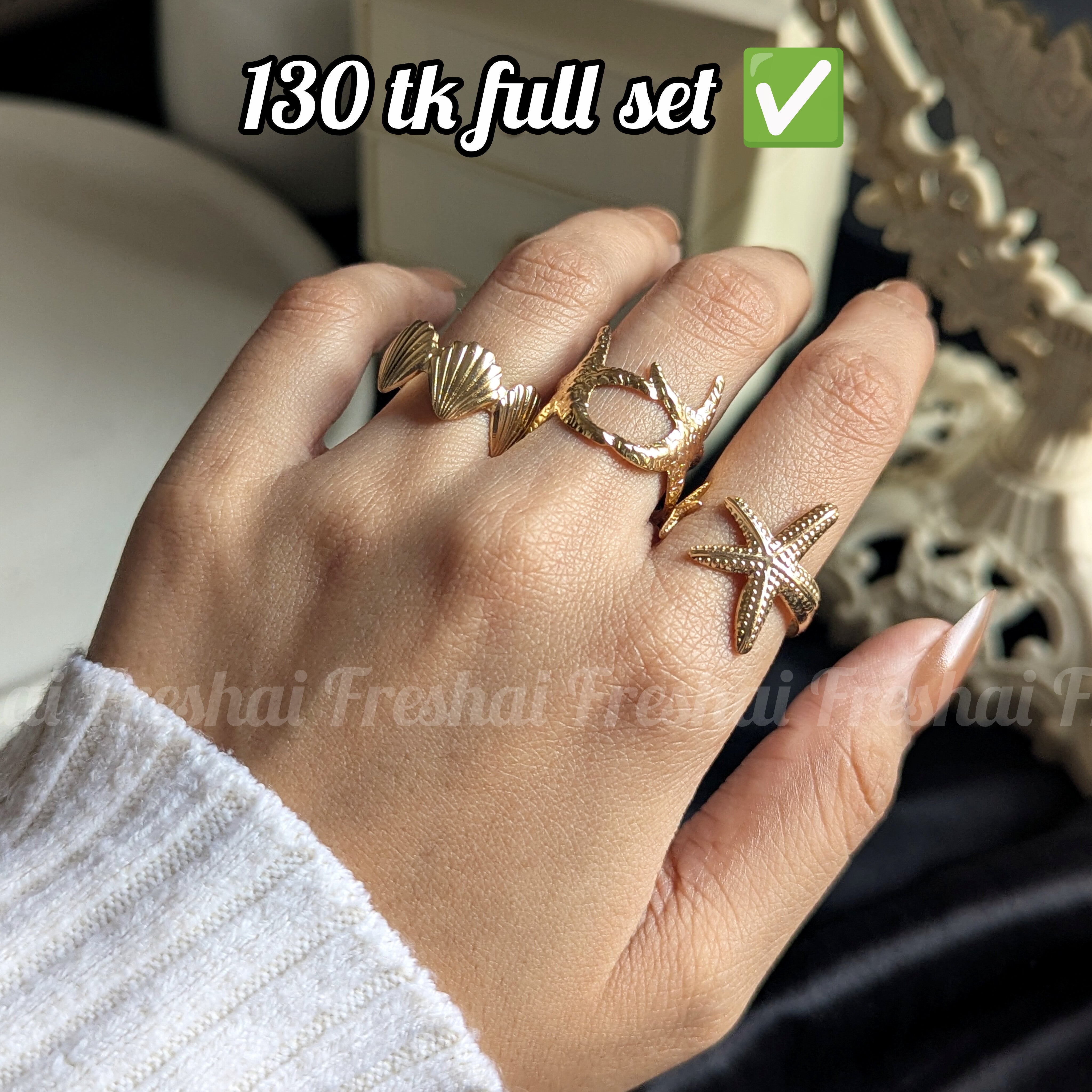 Starfish & Shell Open Ring Set (3pc)