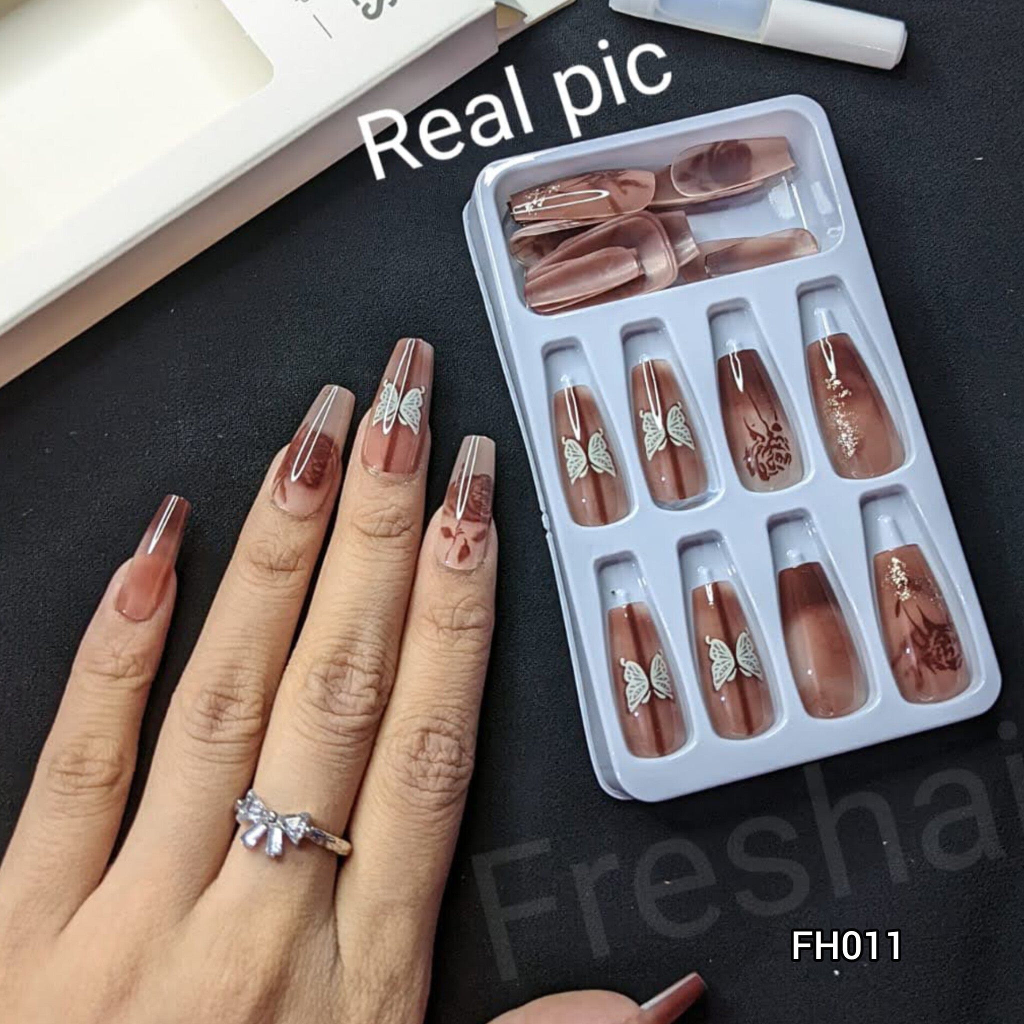 Brown Chrome Butterfly Coffin Press-On Nails