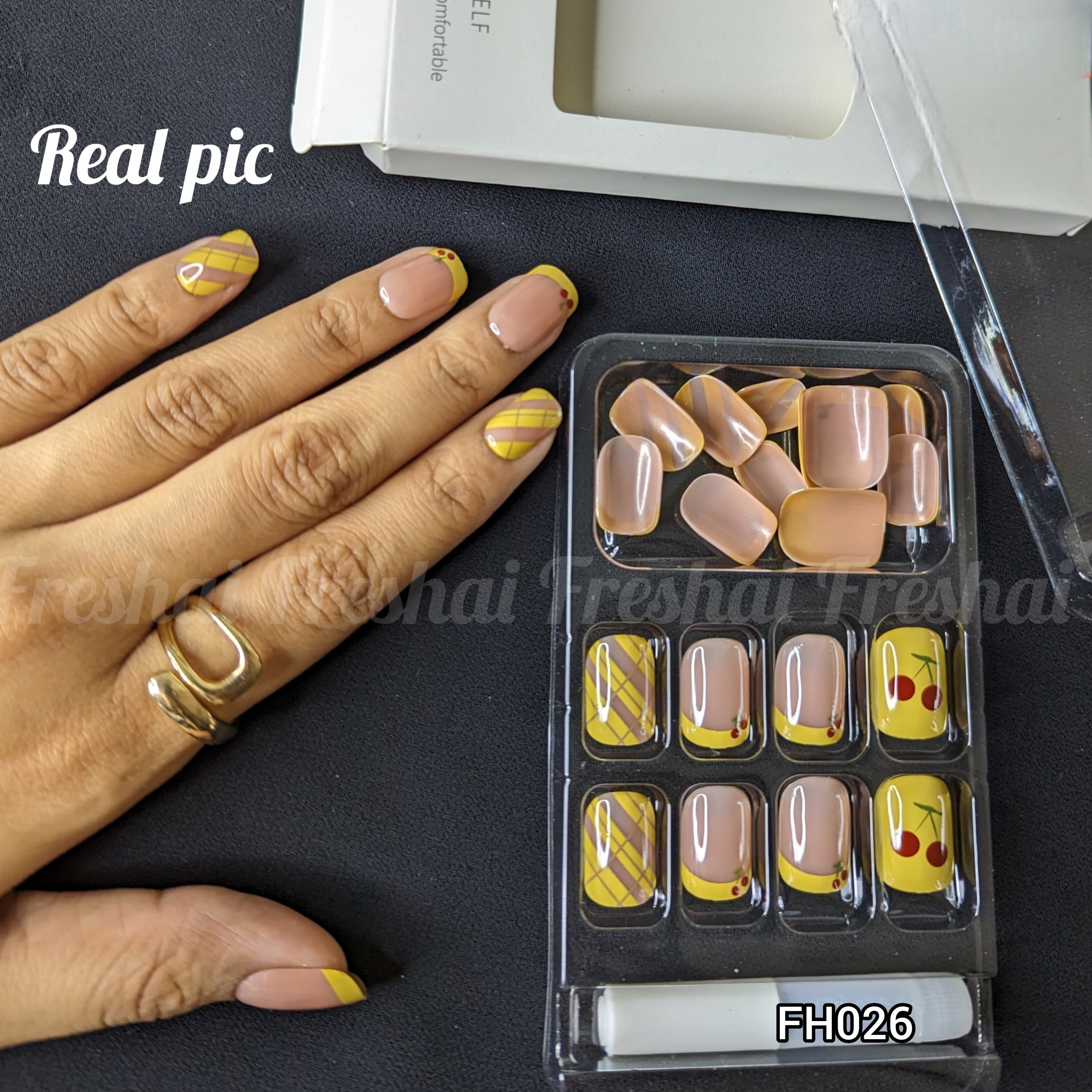 Cherry French Style Yellow Press On Nails