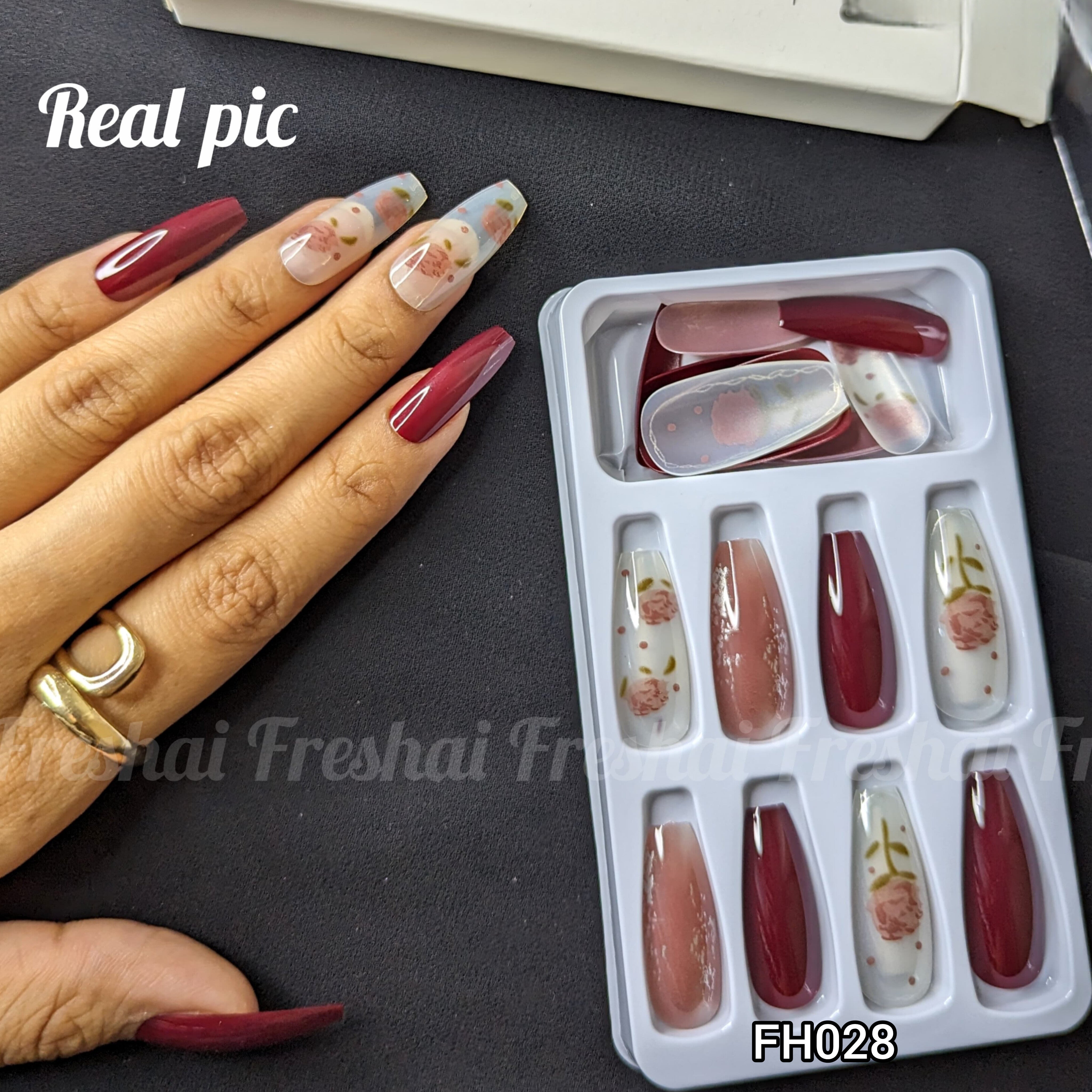 Maroon Flower Print Press On Nails