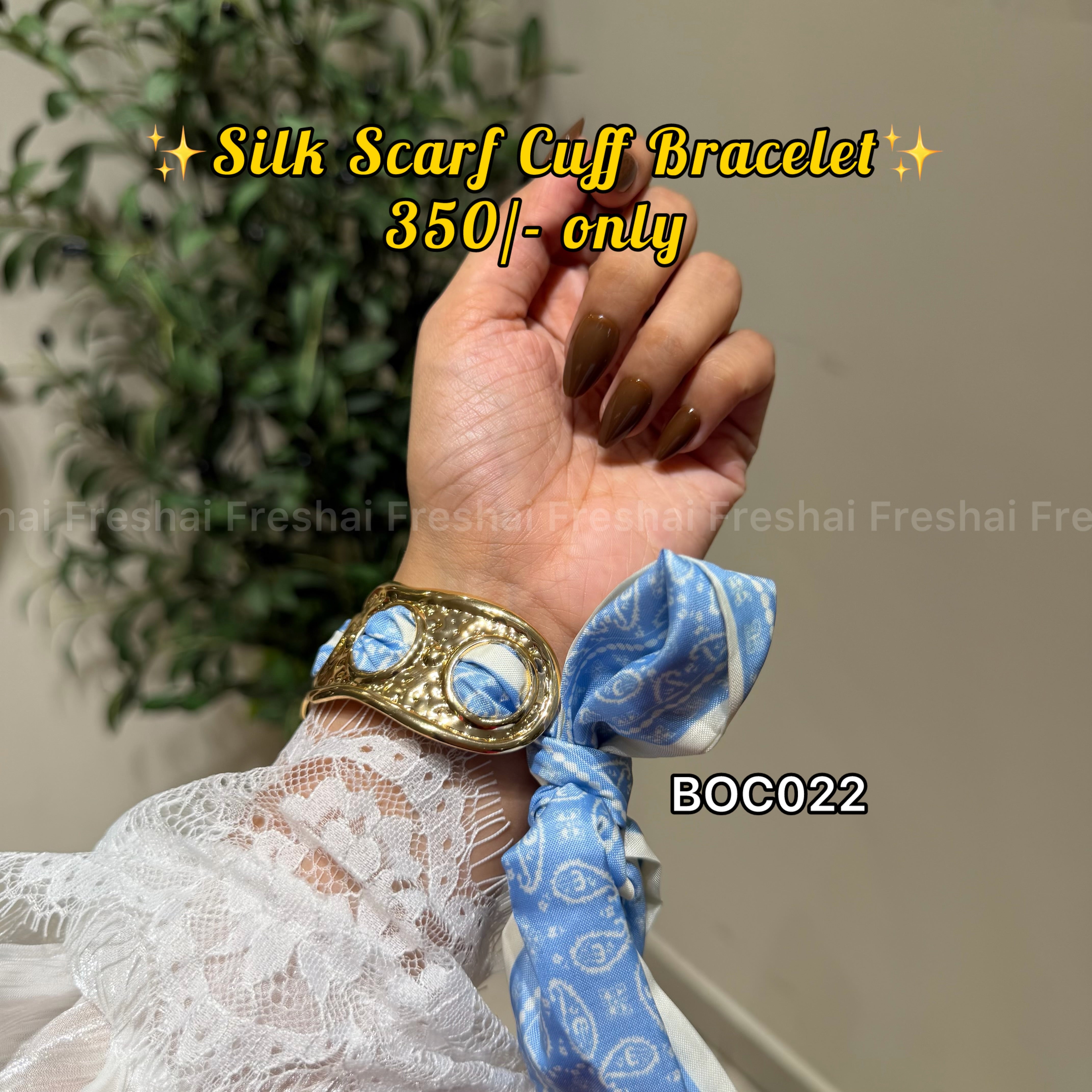 Sky Blue Paisley Silk Scarf Open Cuff Bracelet