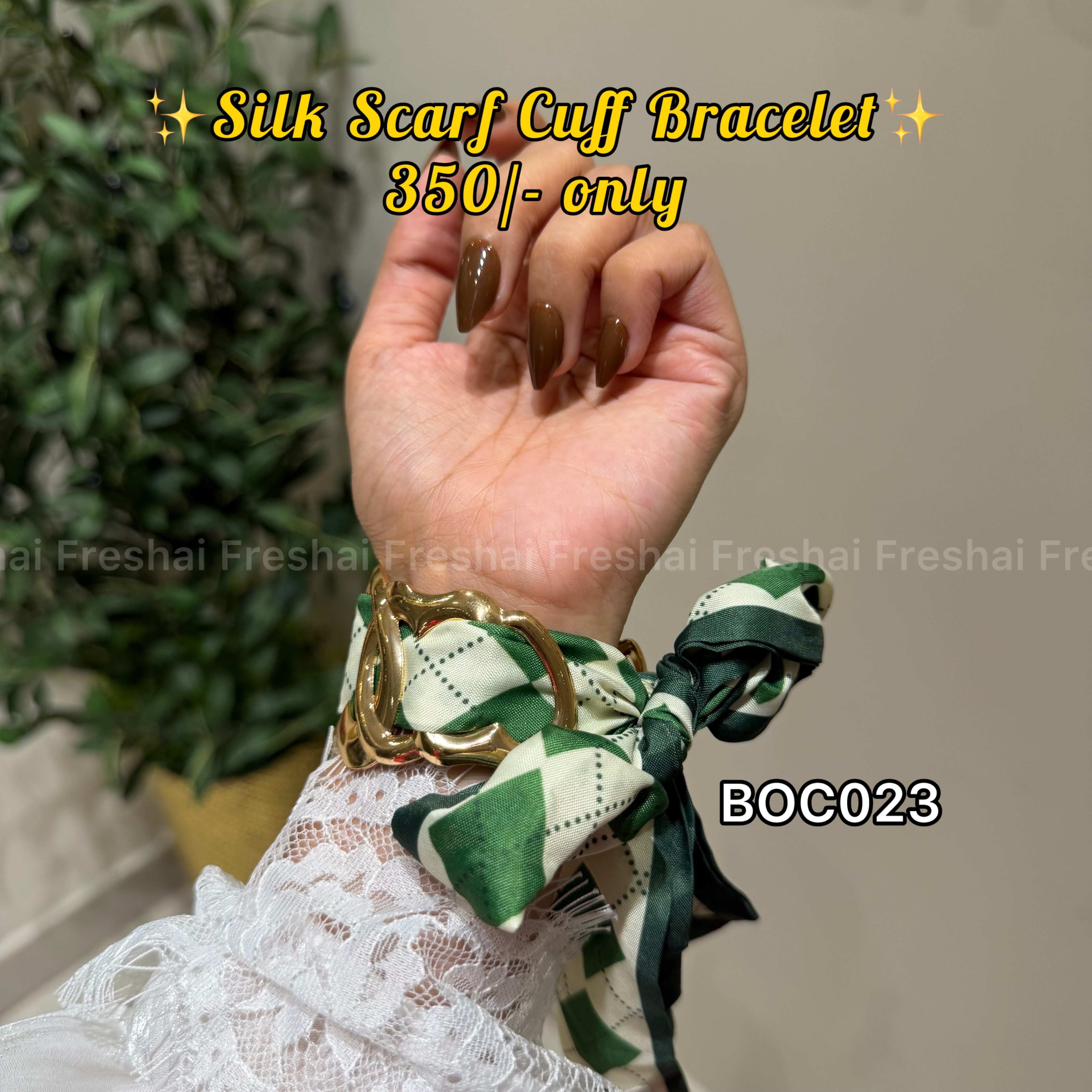 Green Plaid Silk Scarf Open Cuff Bracelet
