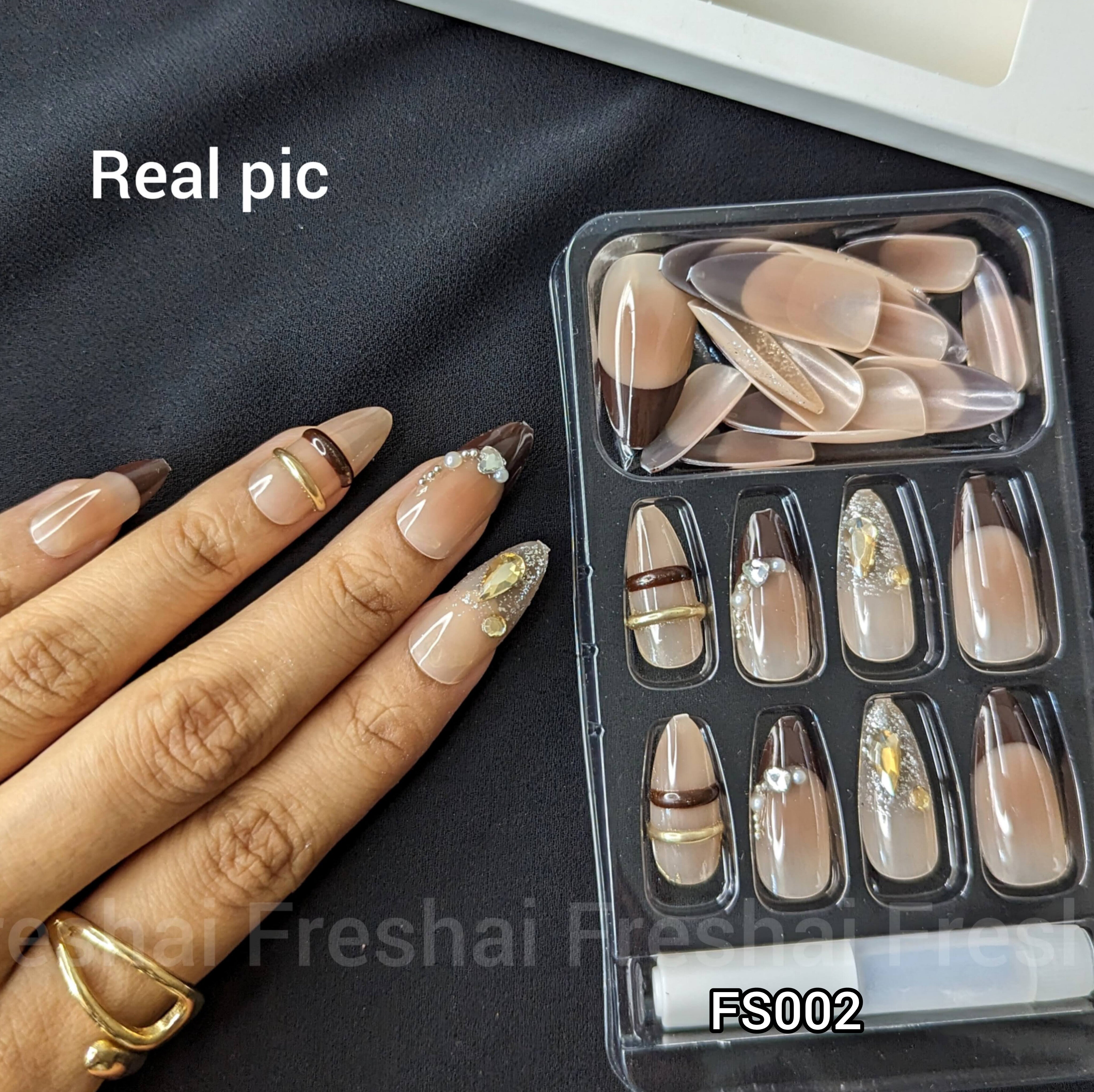 Brown Gold Line Art Press On Nails
