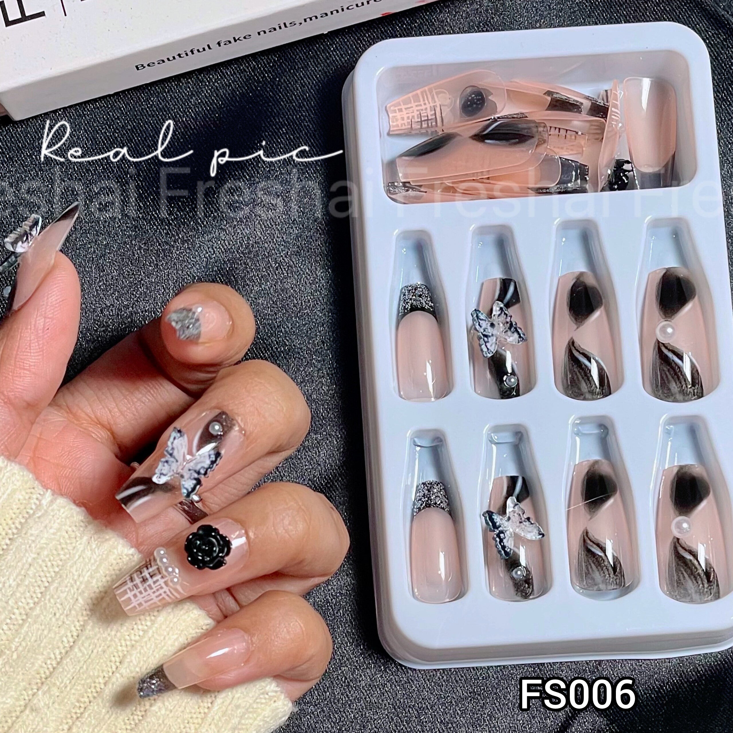 Black Marble Butterfly Press On Nails