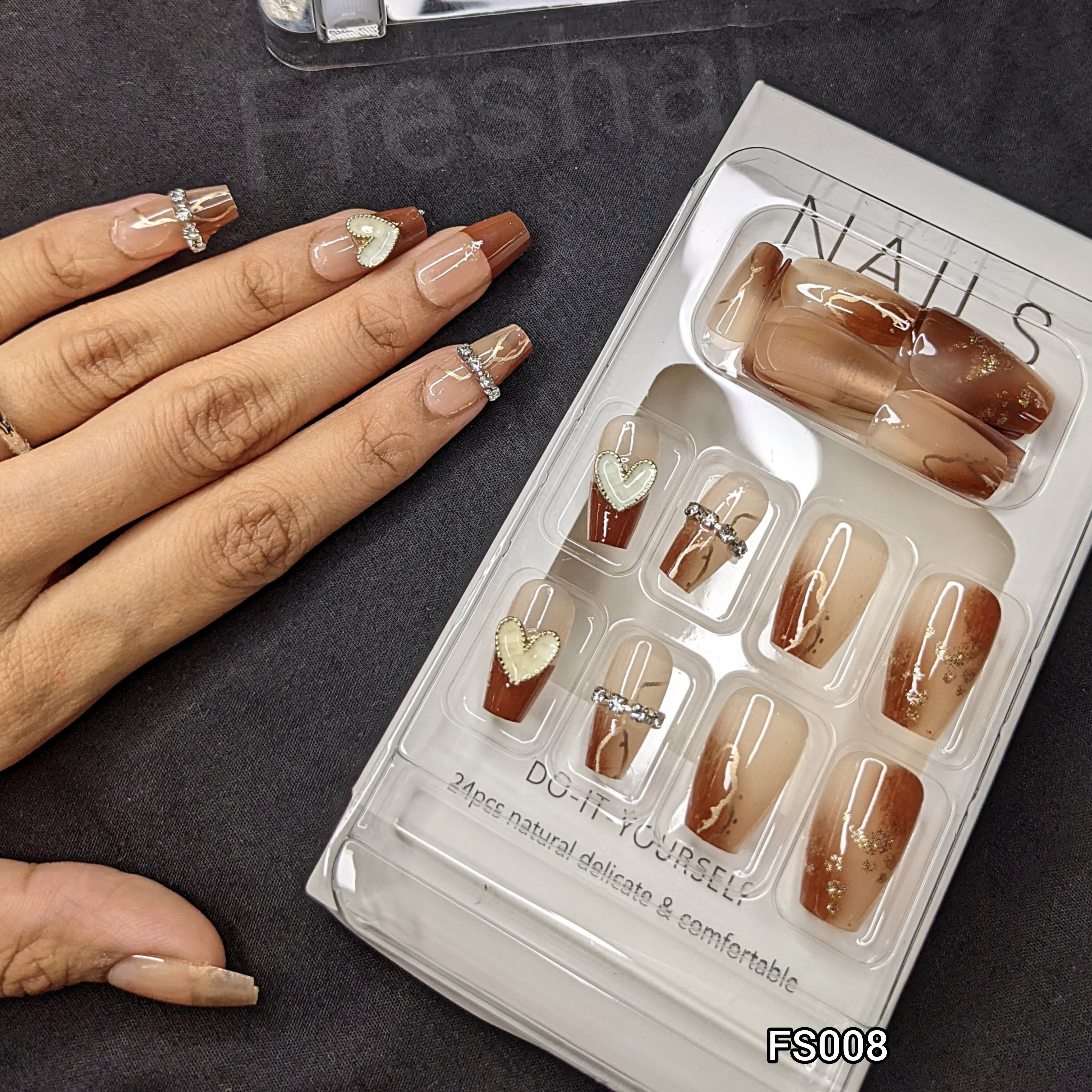 Brown French Tip Heart Press On Nails