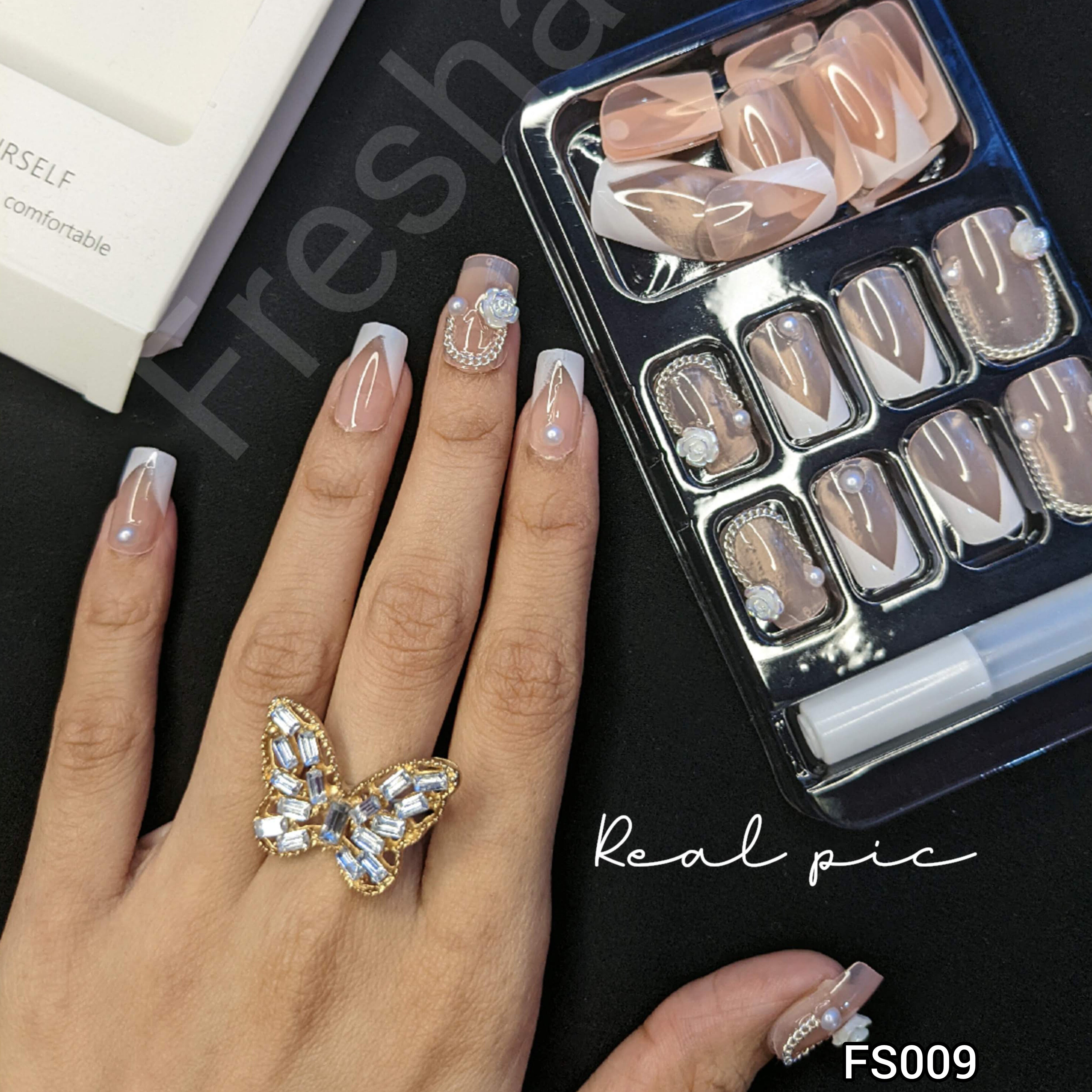 Glossy Nude Silver Line Press On Nails