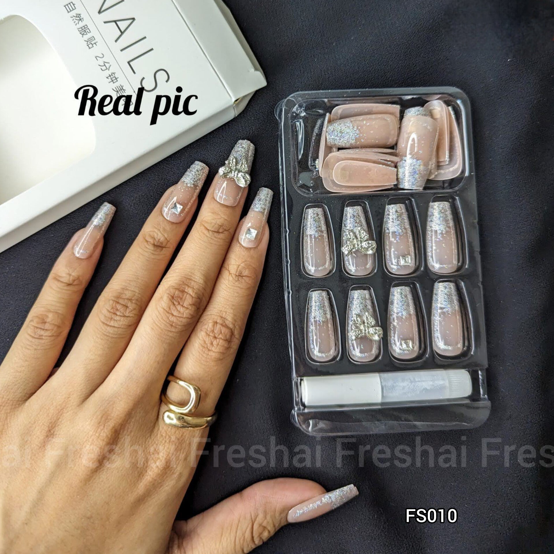 Glossy Beige Glitter French Press On Nails