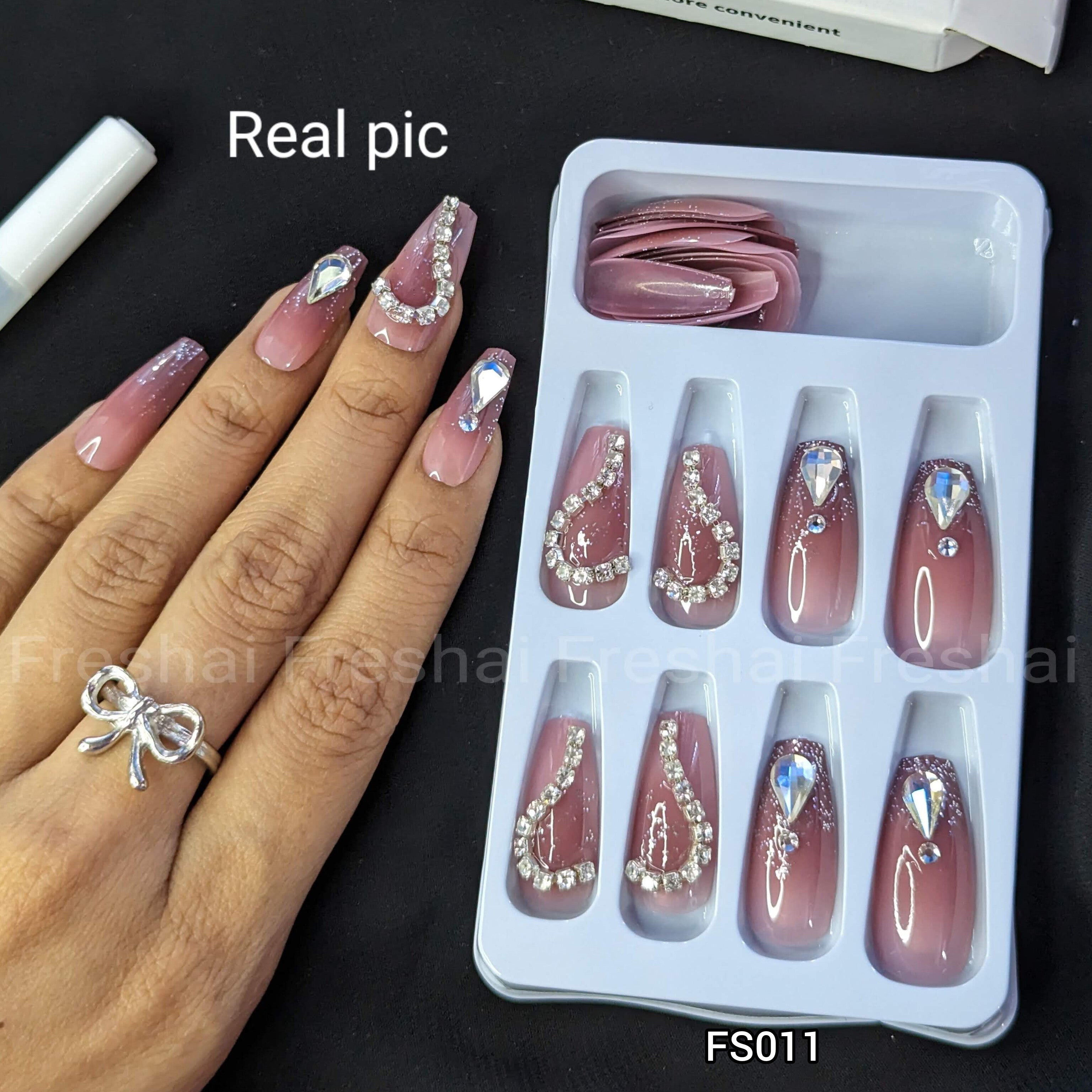 Pink Heart Glitter Press On Nails