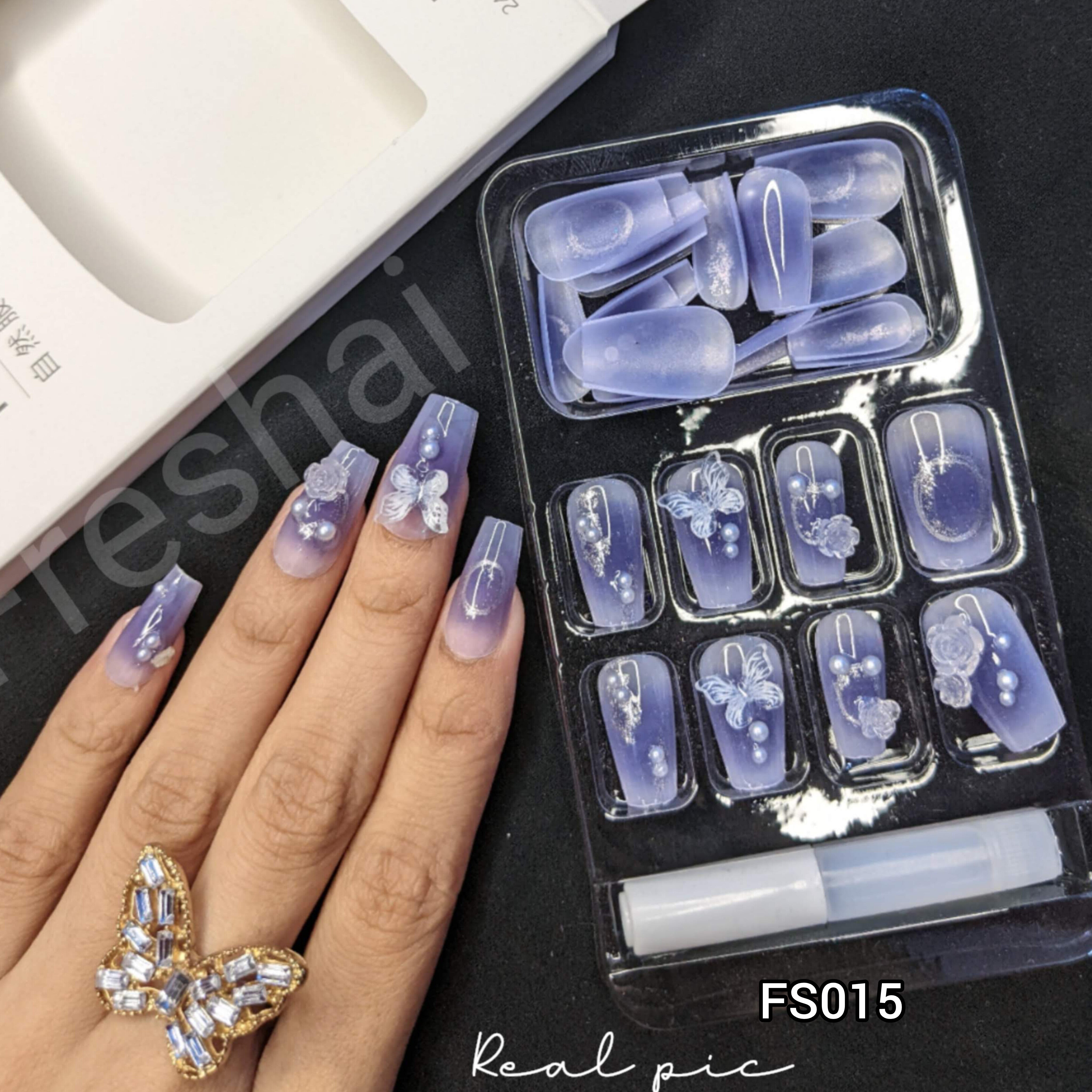 Blue Crystal Butterfly Press On Nails