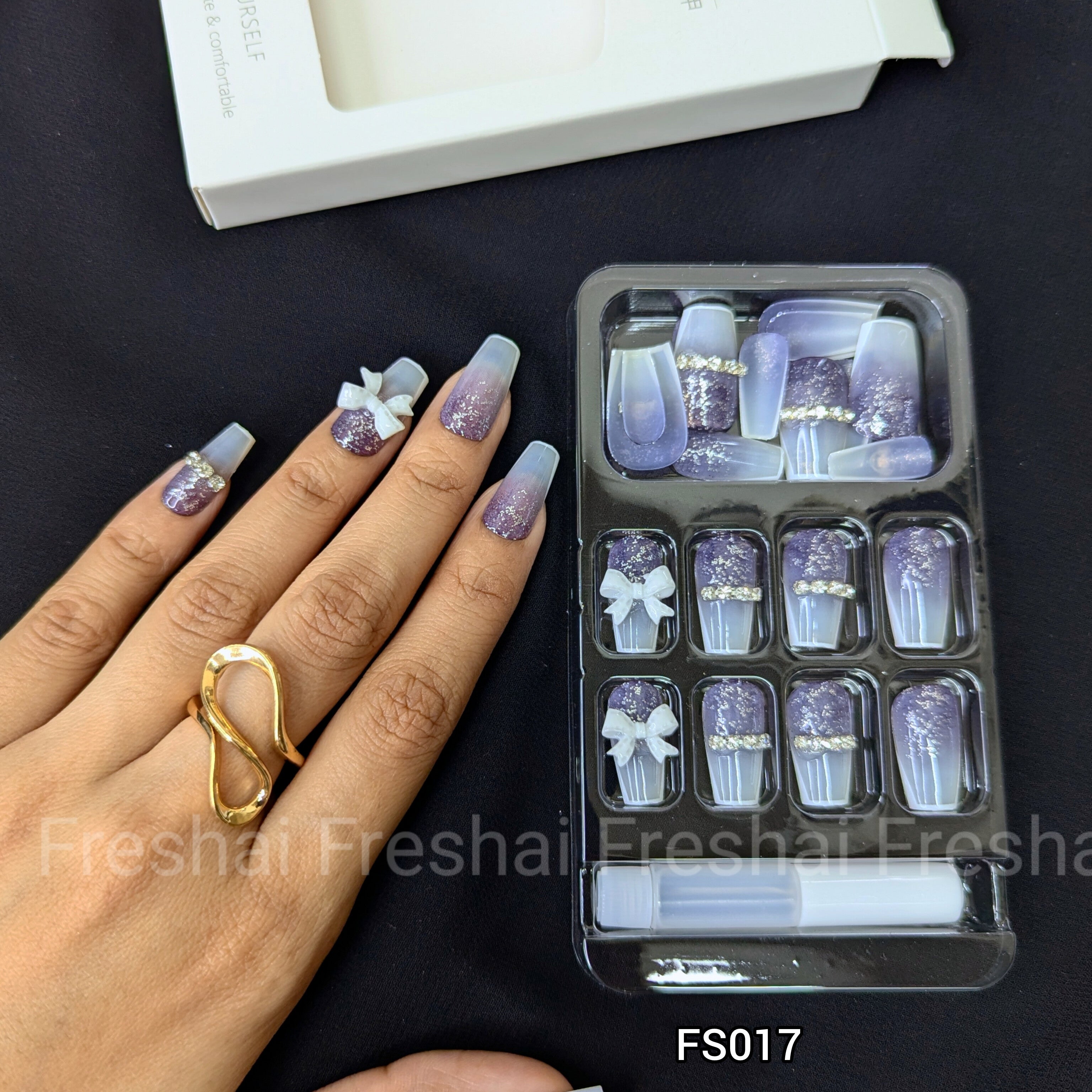 Lavender Glitter French Bow Press On Nails