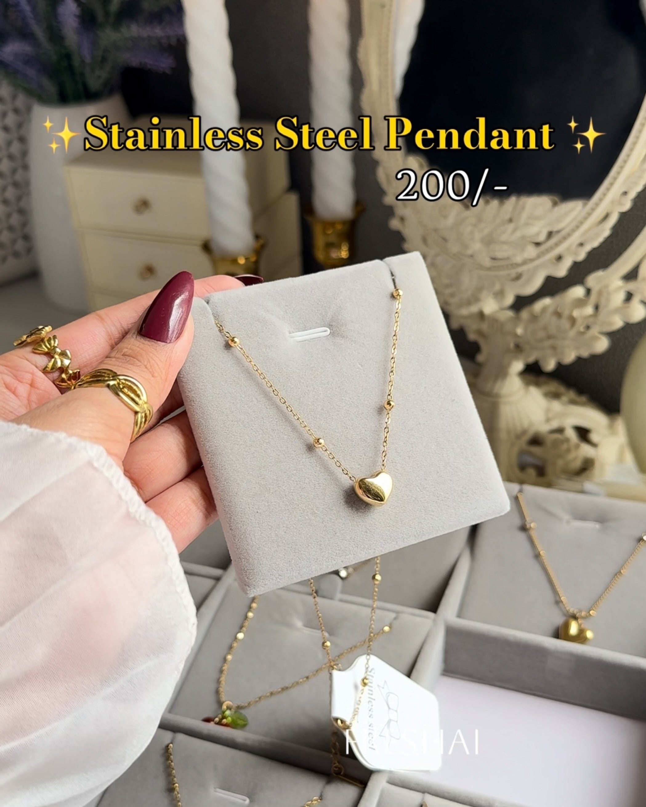 Gold Bead Chain Puffy Heart Stainless Steel Pendant