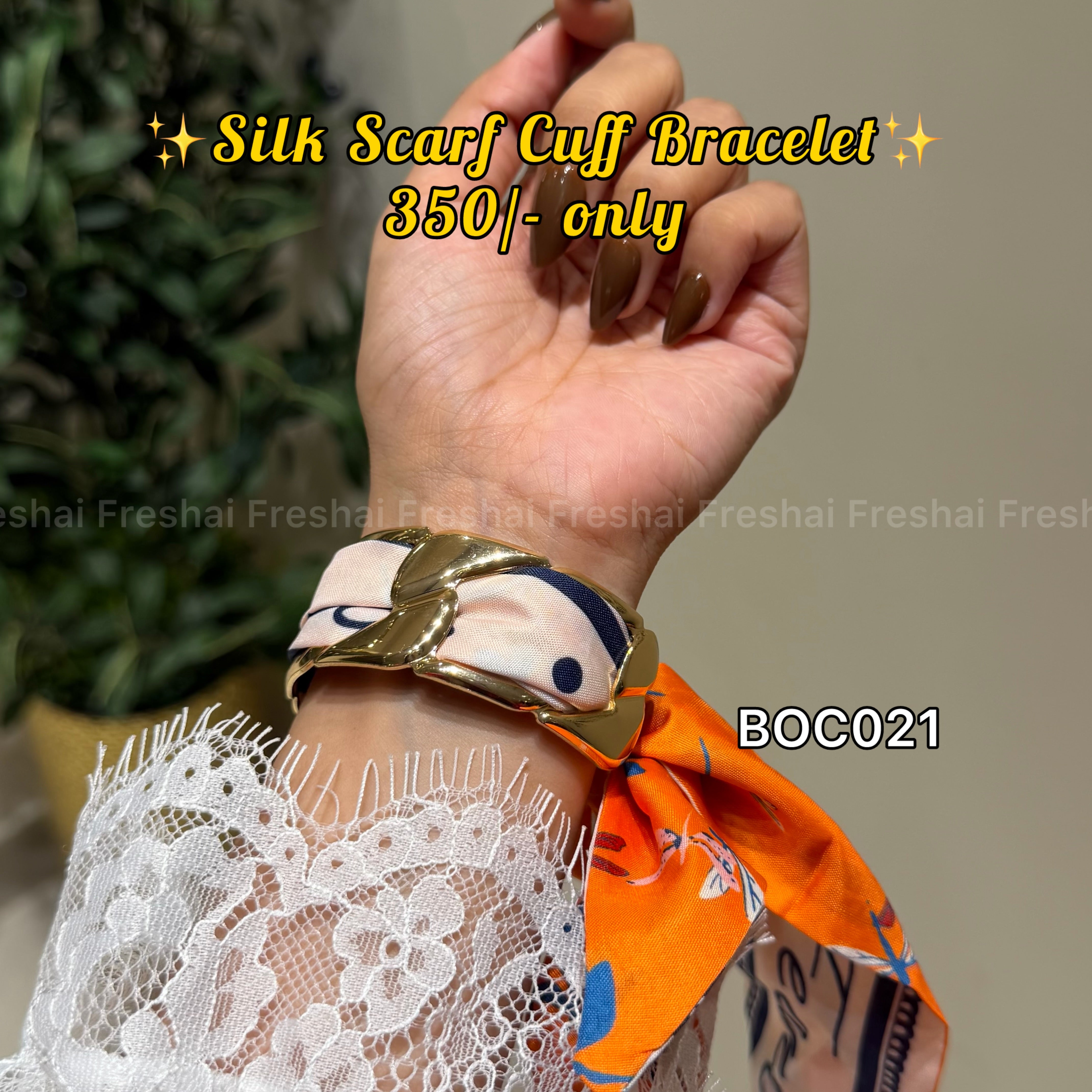 Printed Orange Silk Scarf Open Cuff Bracelet