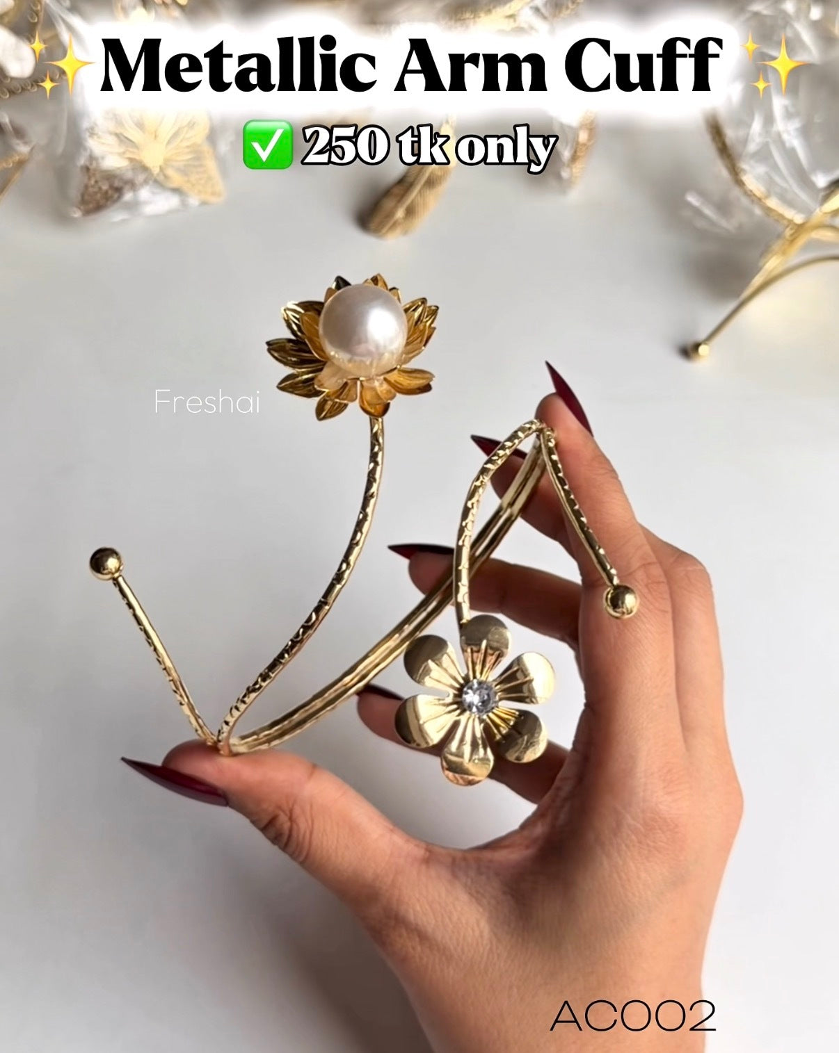 Metallic Pearl & Crystal Flower Arm Cuff