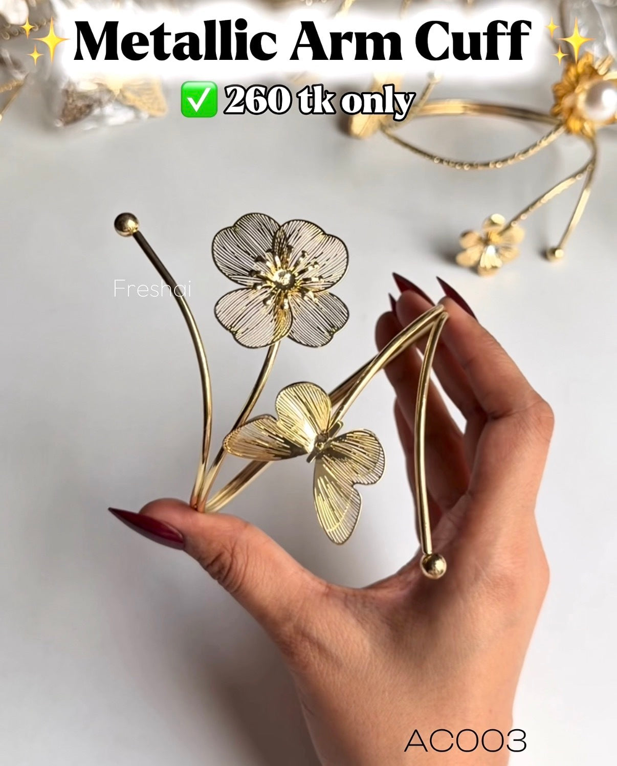 Metallic Wire Flower & Butterfly Arm Cuff