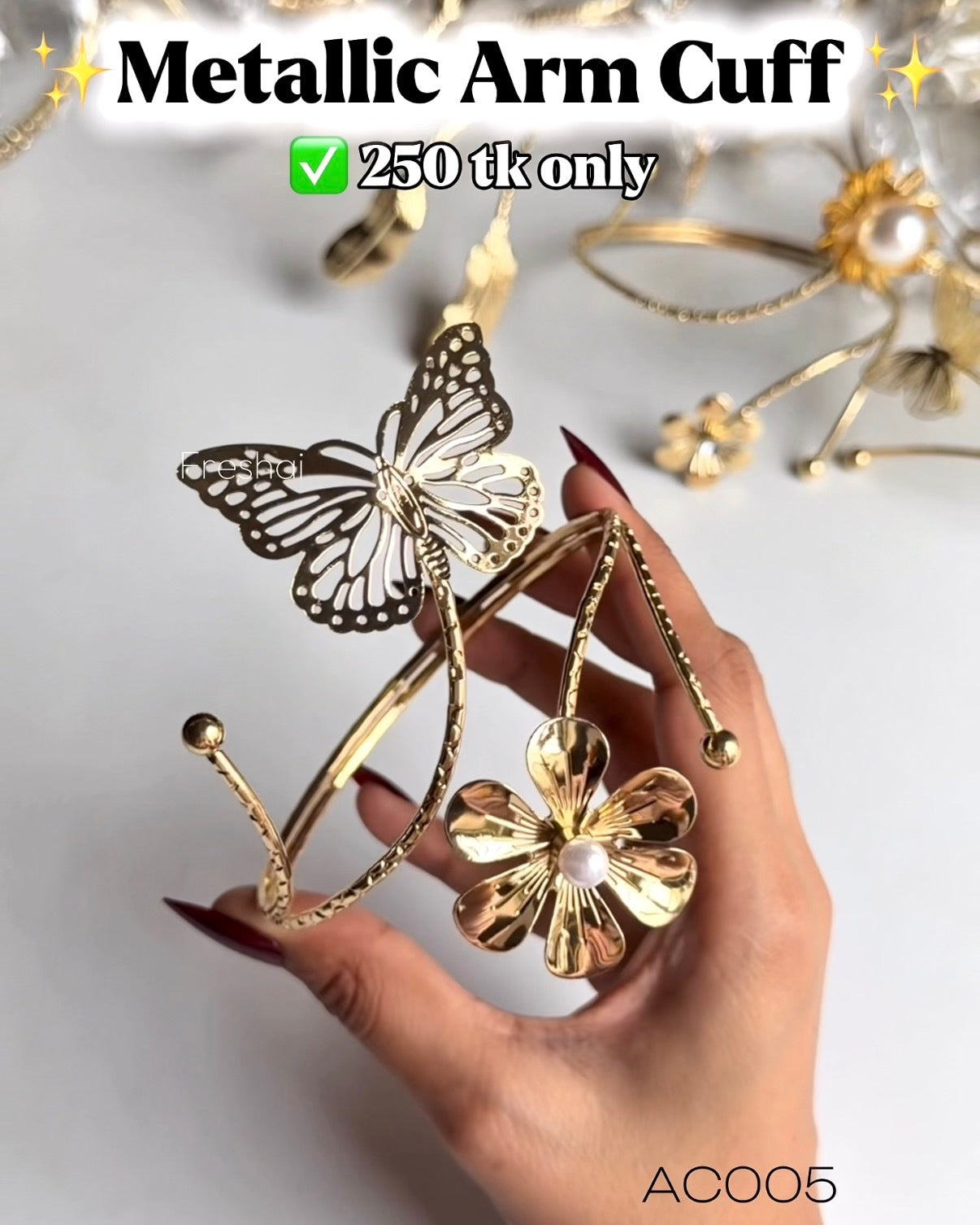 Metallic Butterfly & Pearl Flower Arm Cuff