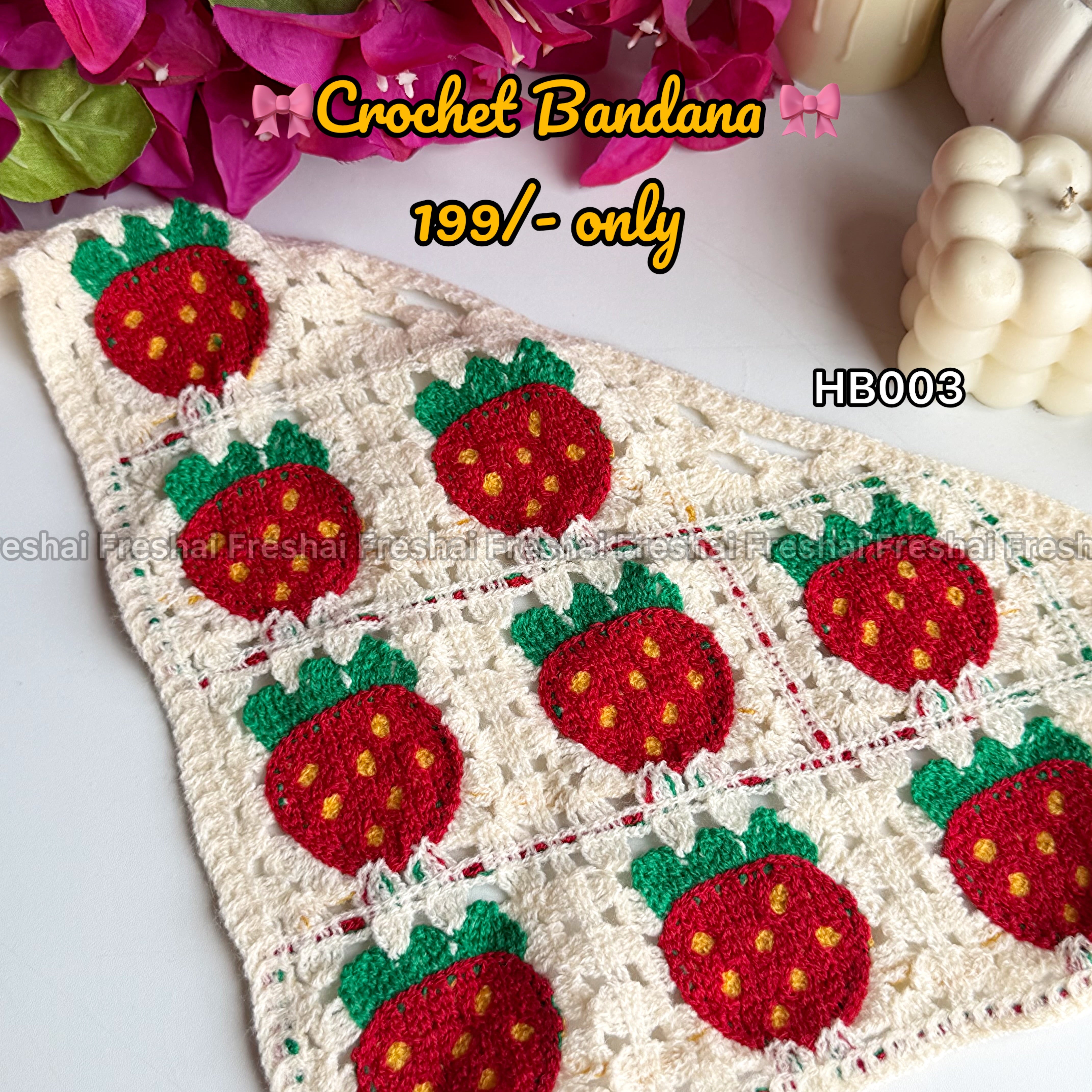 Cream Strawberry Crochet Hair Bandana