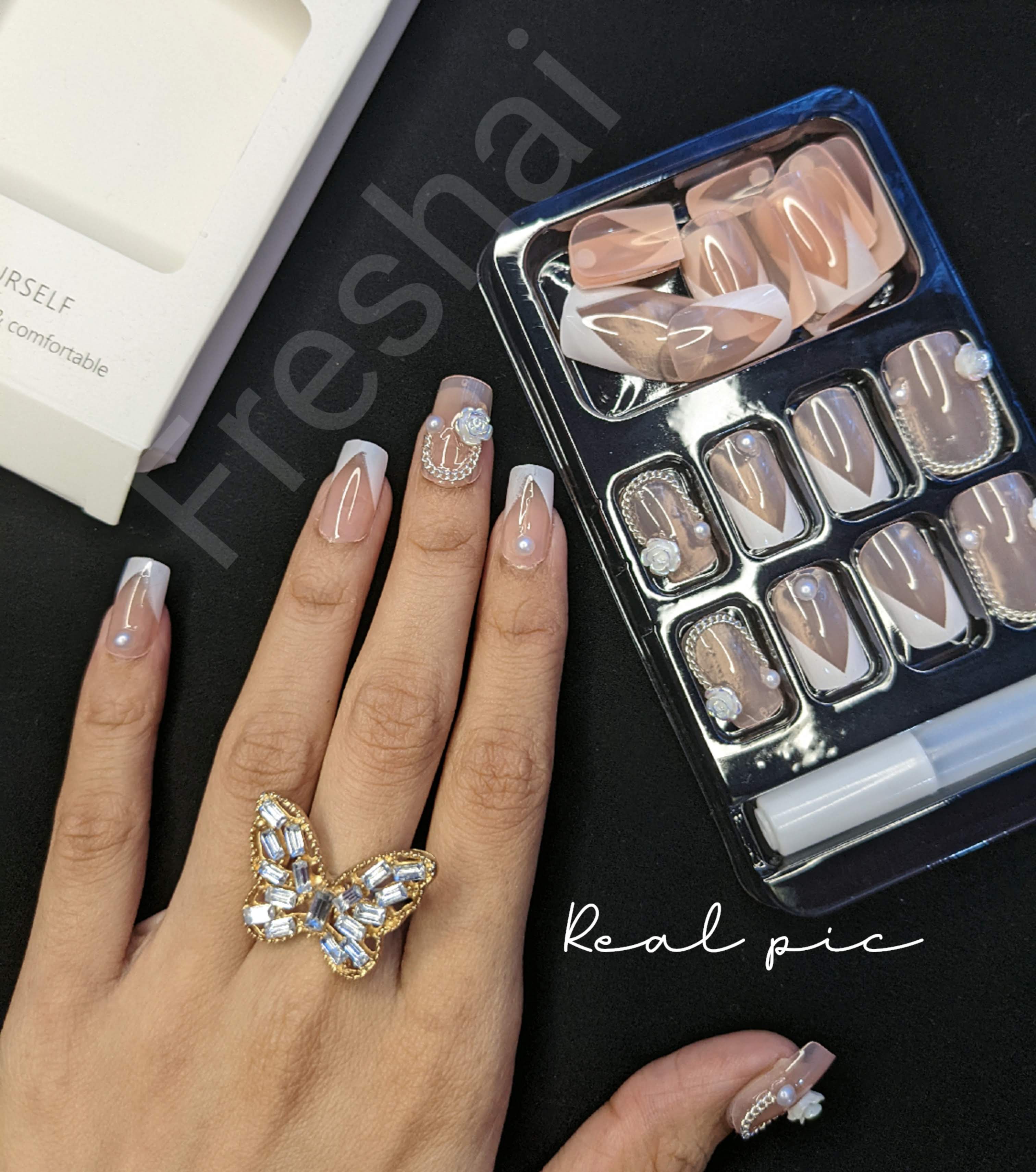 Glossy Nude Silver Line Press On Nails
