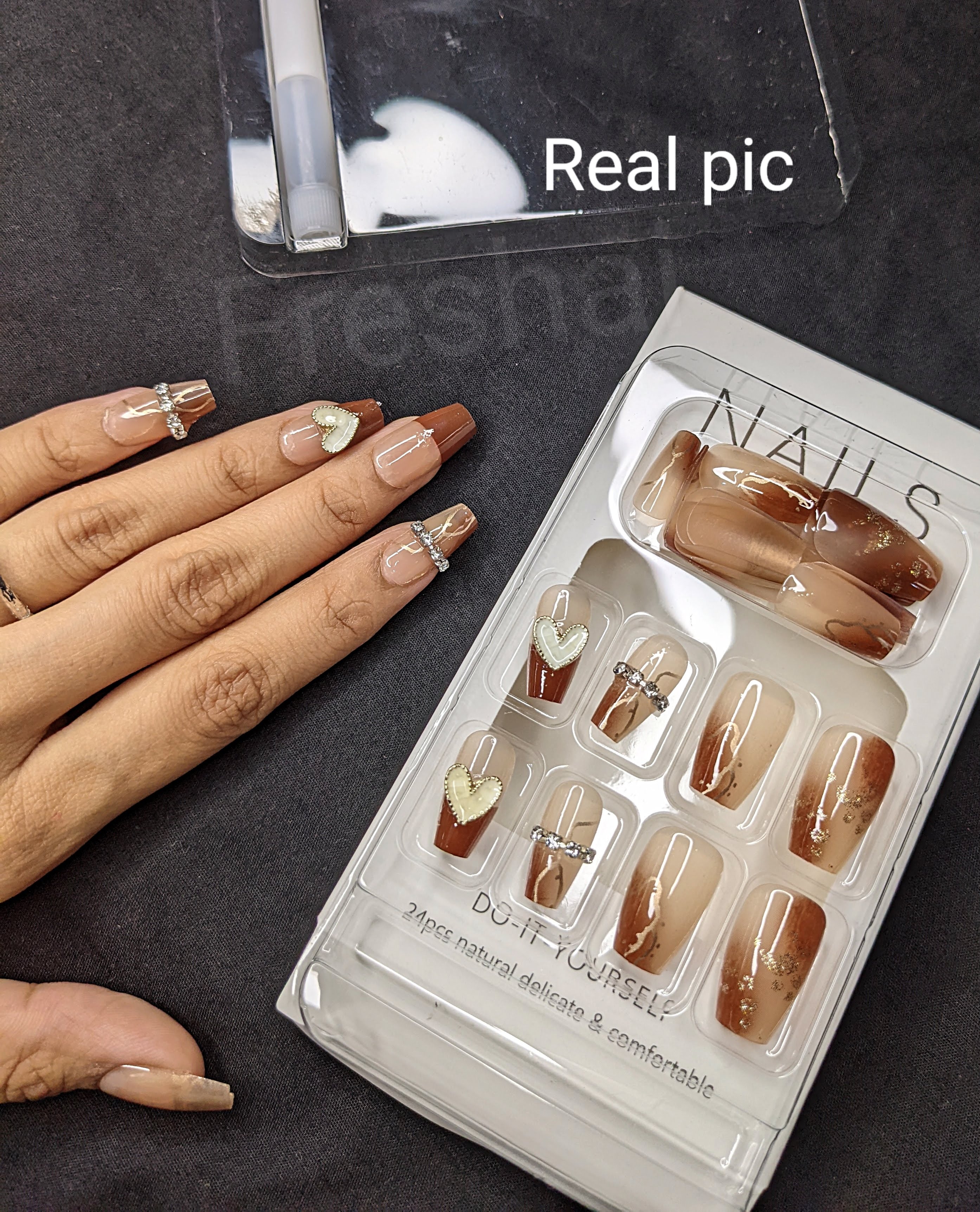 Soft Brown Ombre Rhinestone Press On Nails Full Set