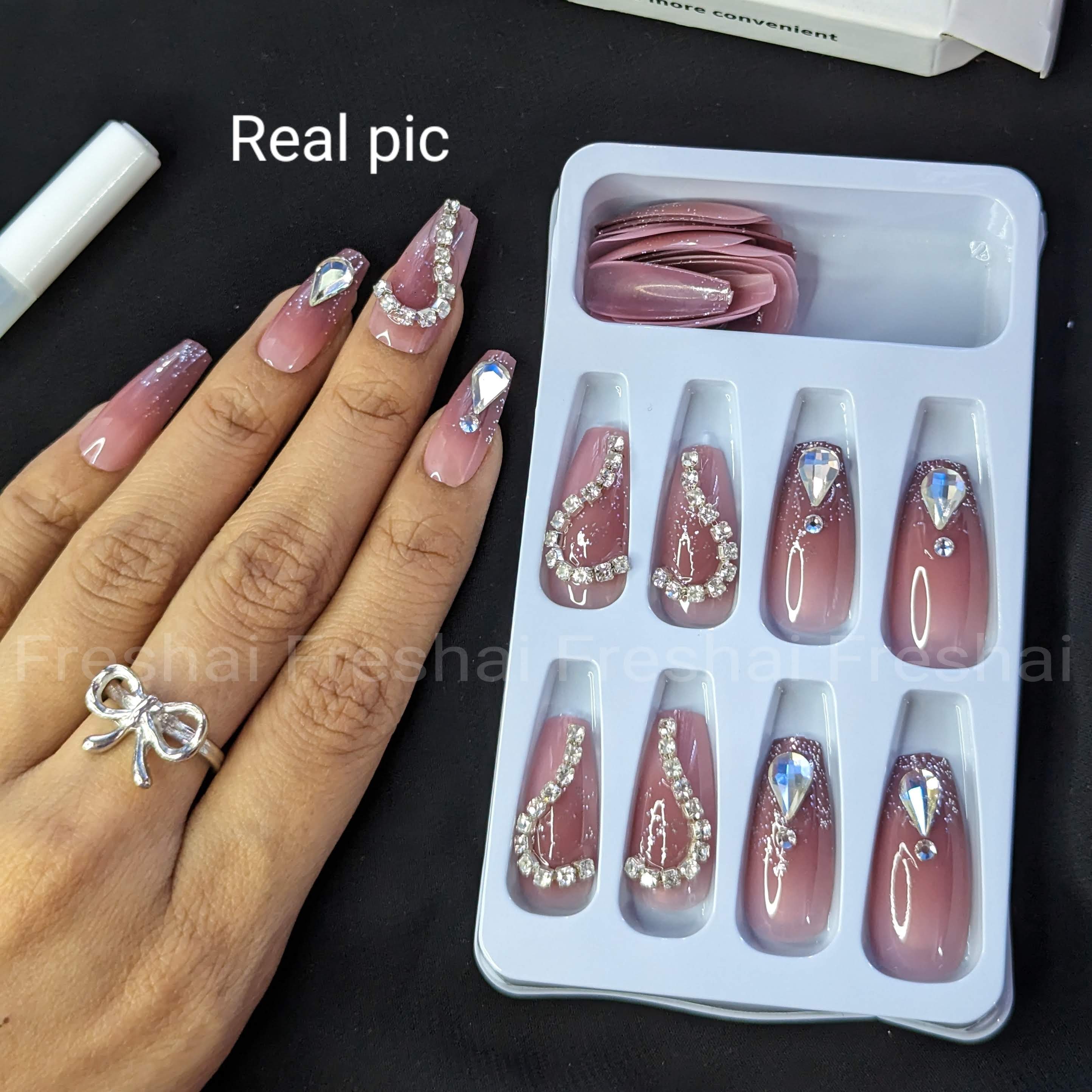 Pink Heart Glitter Press On Nails