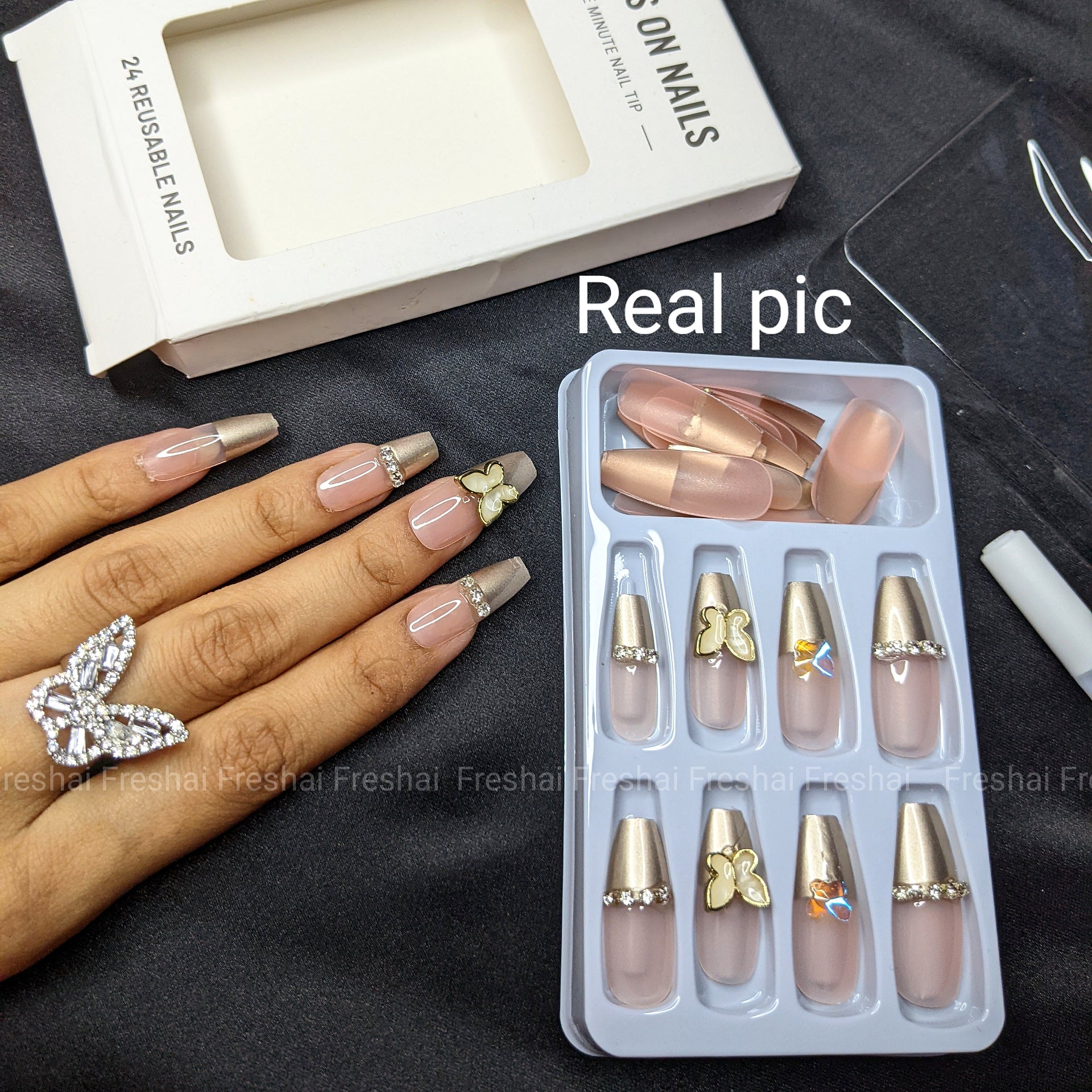 Rose Gold Glitter Pearl Press On Nails Full Set