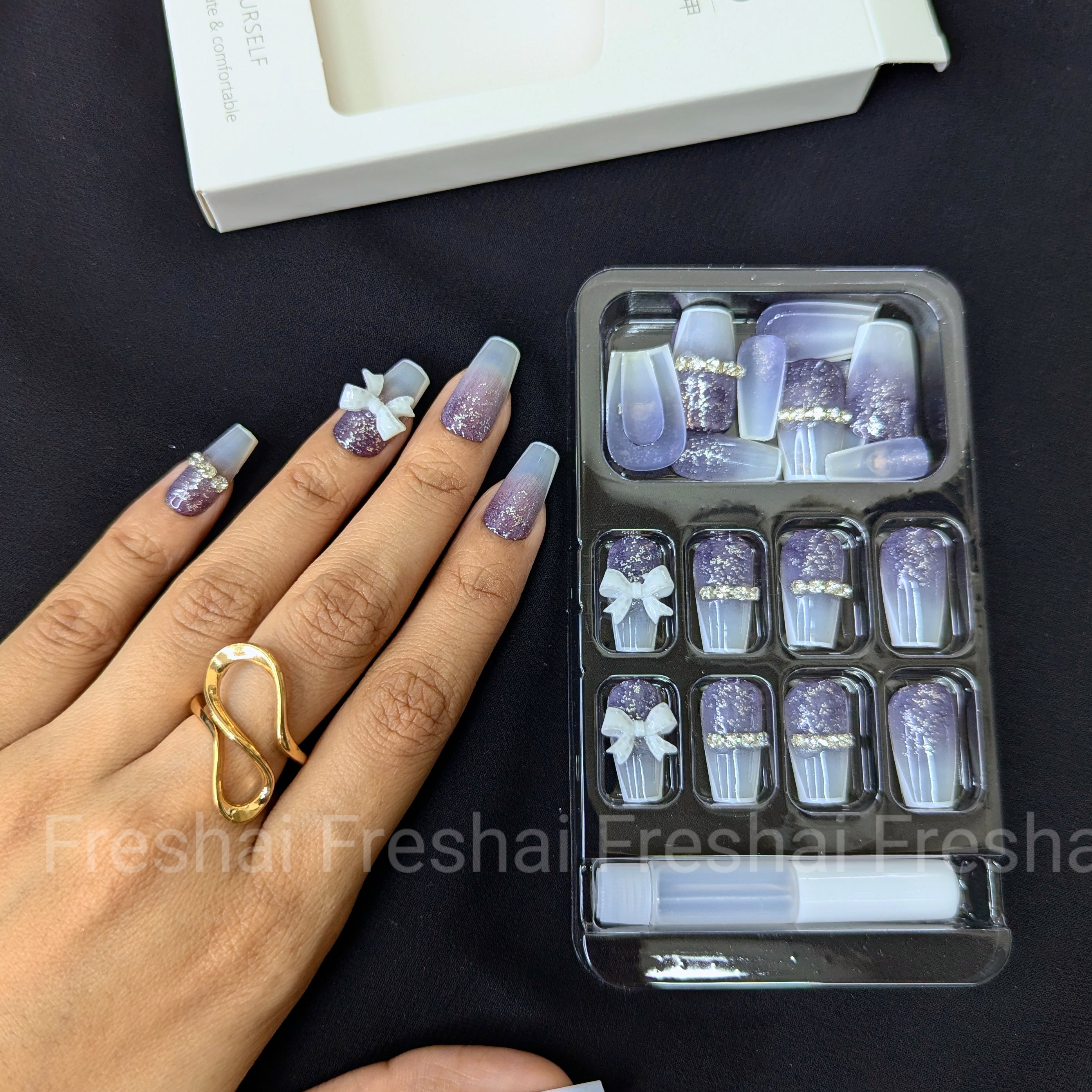 Lavender Glitter French Bow Press On Nails