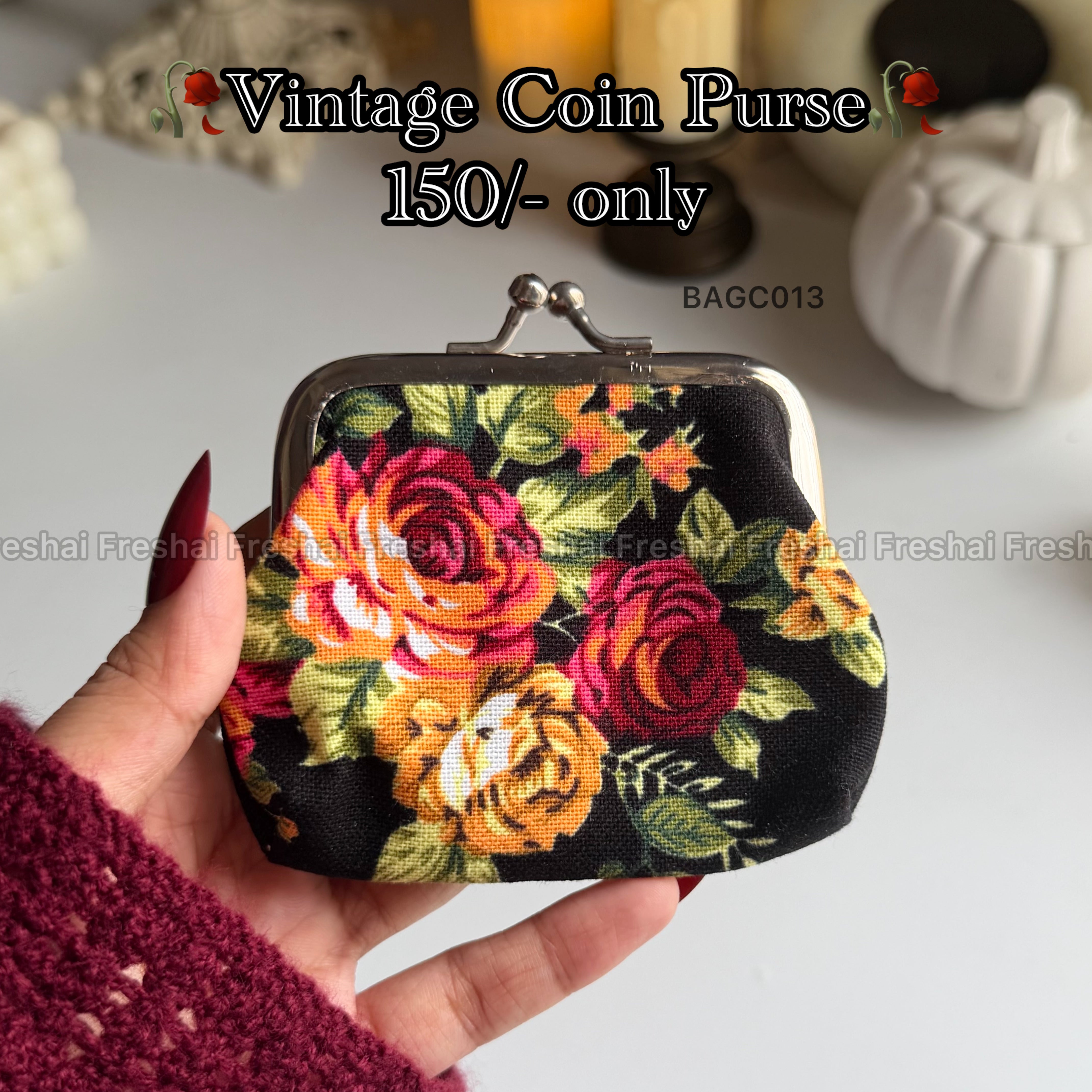 Black Vintage Floral Coin Purse