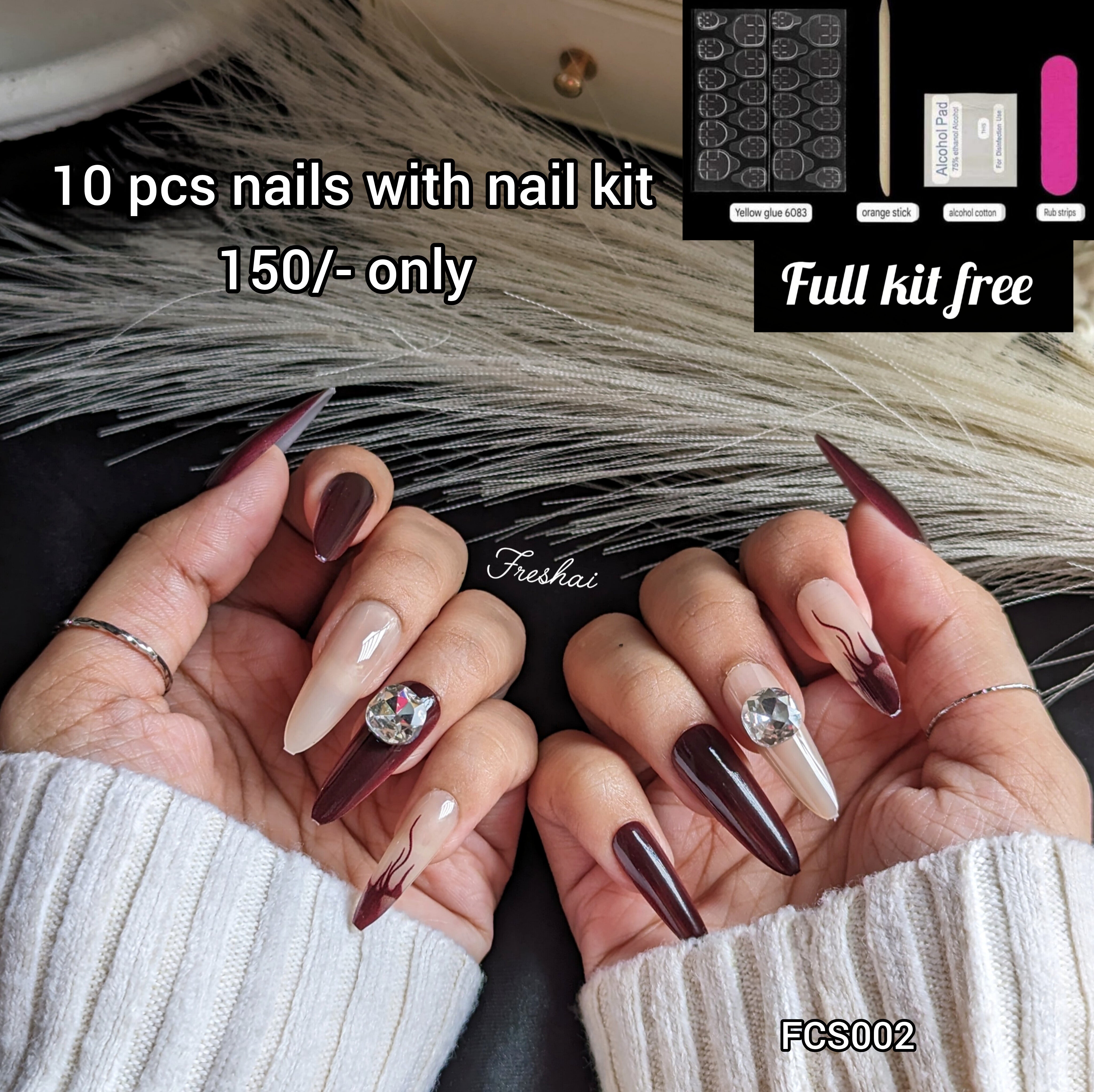 Maroon Crystal Nails