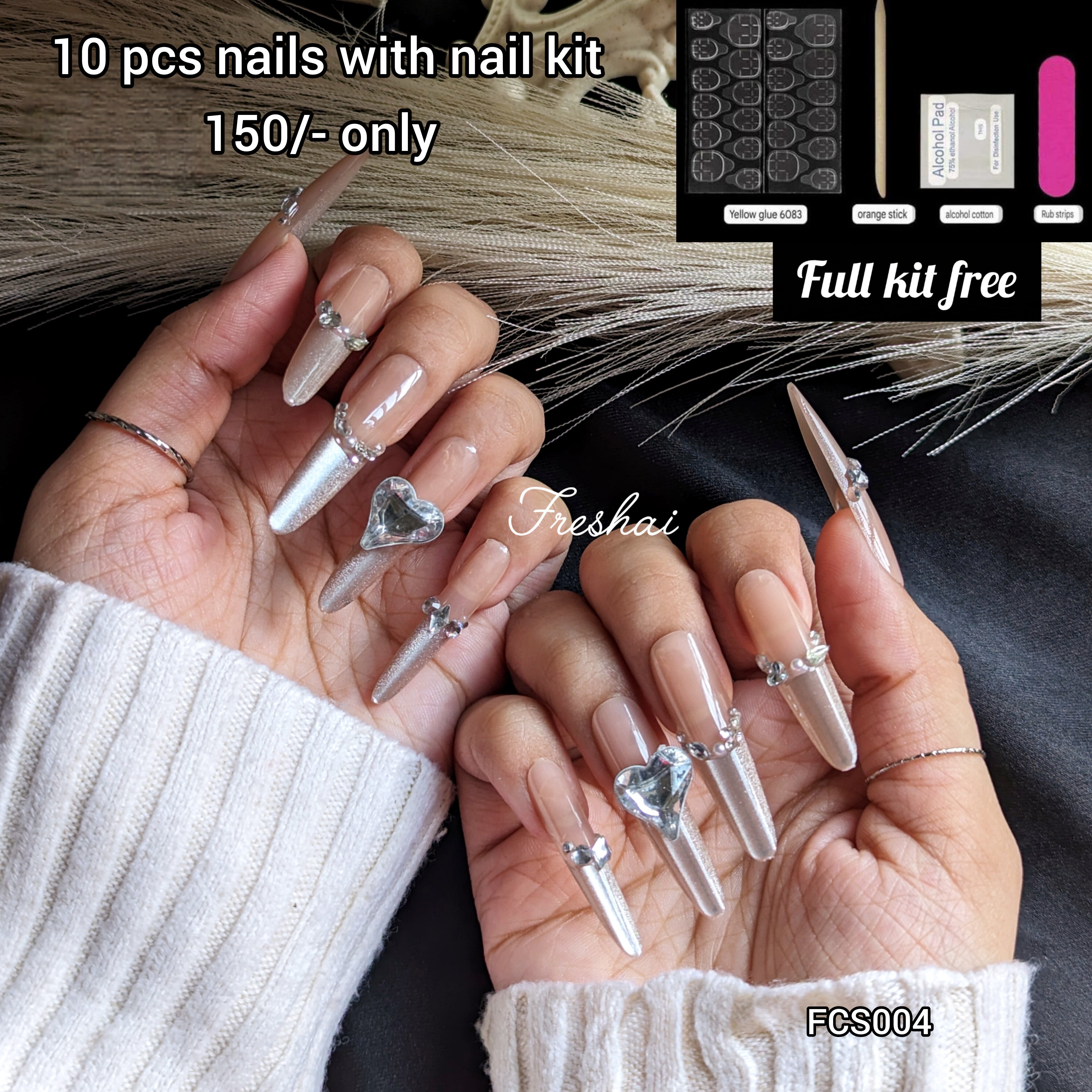 Cat Eye French Silver Heart Nails