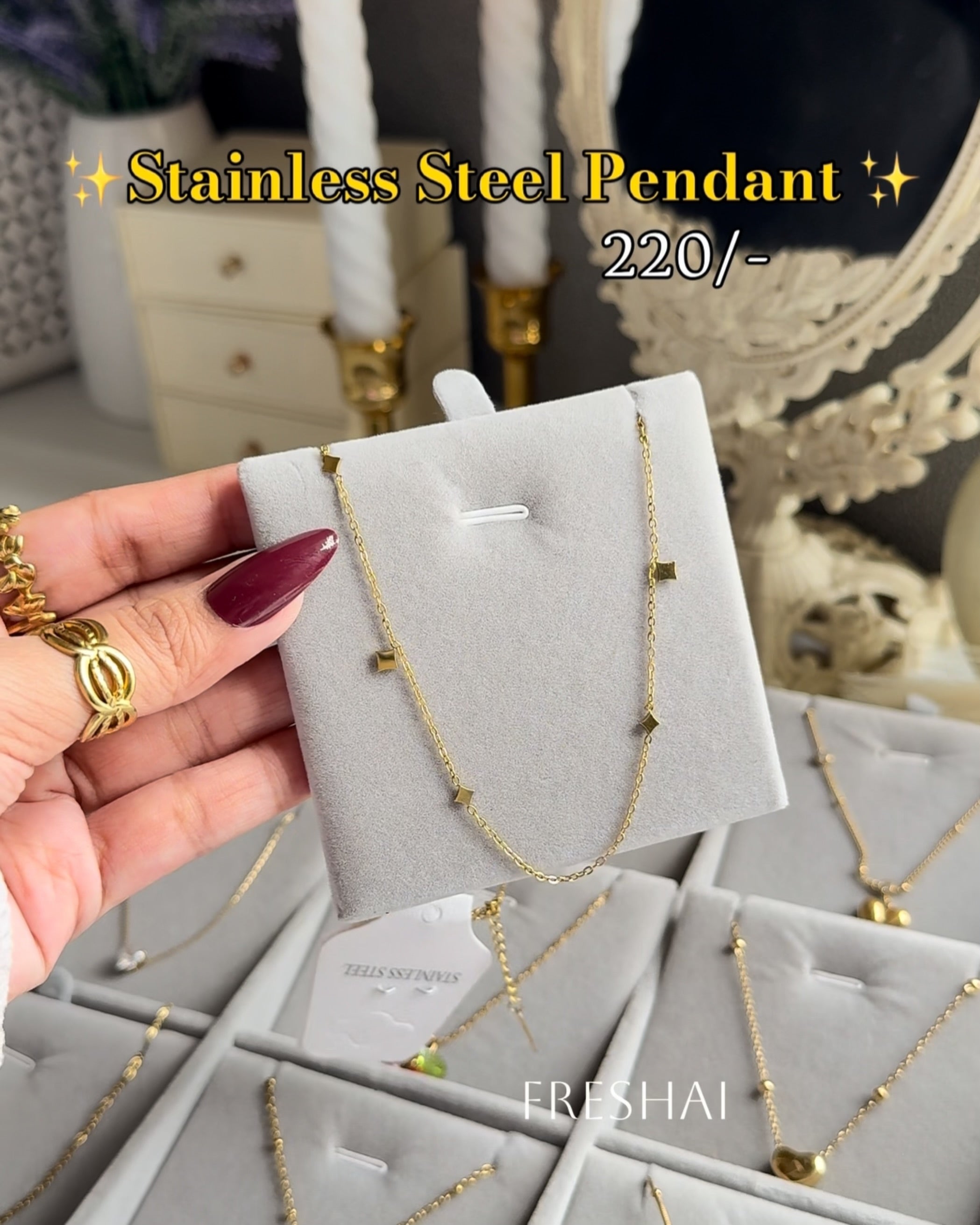 Gold Square Charm Station Stainless Steel Pendant