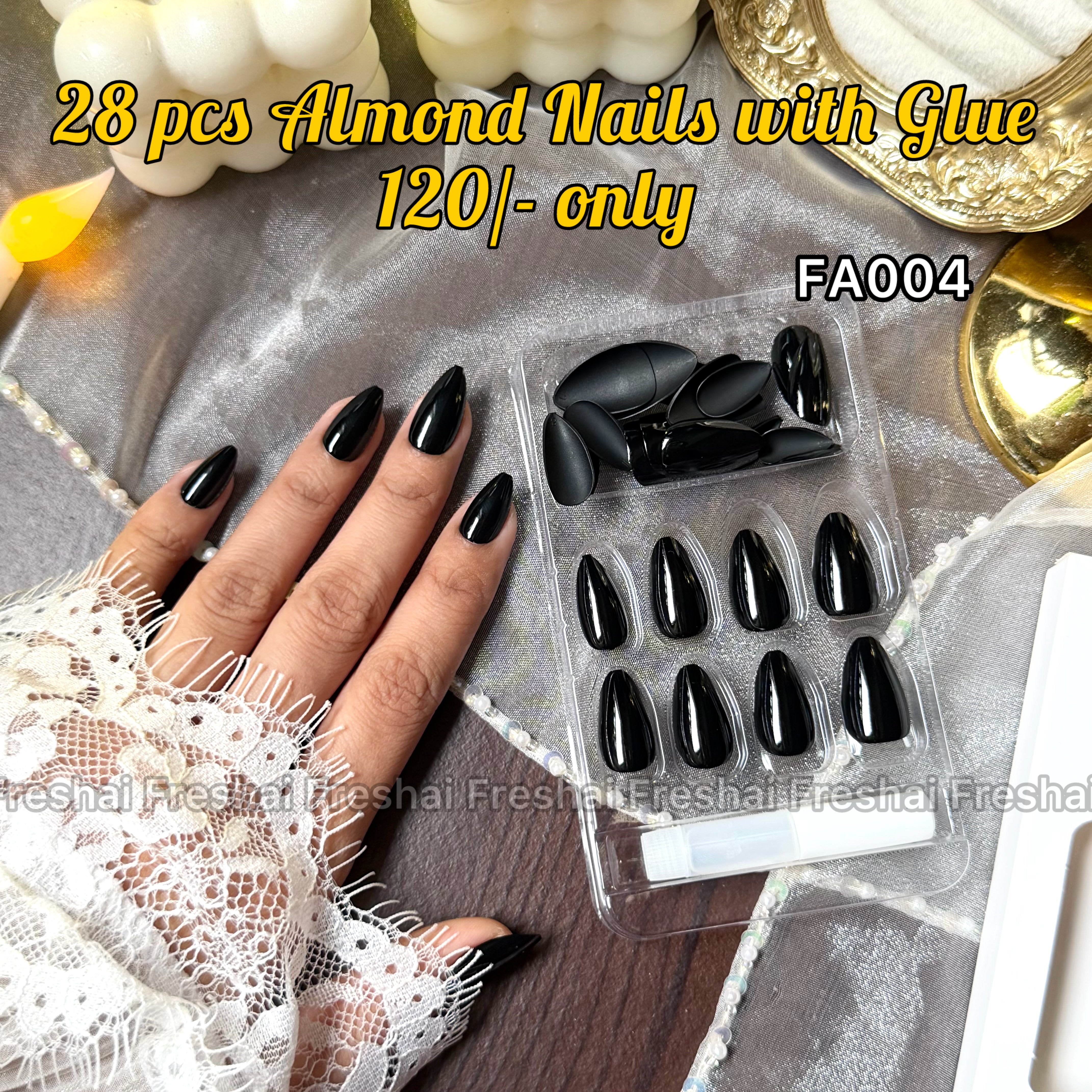 Glossy Black Almond Fake Nails