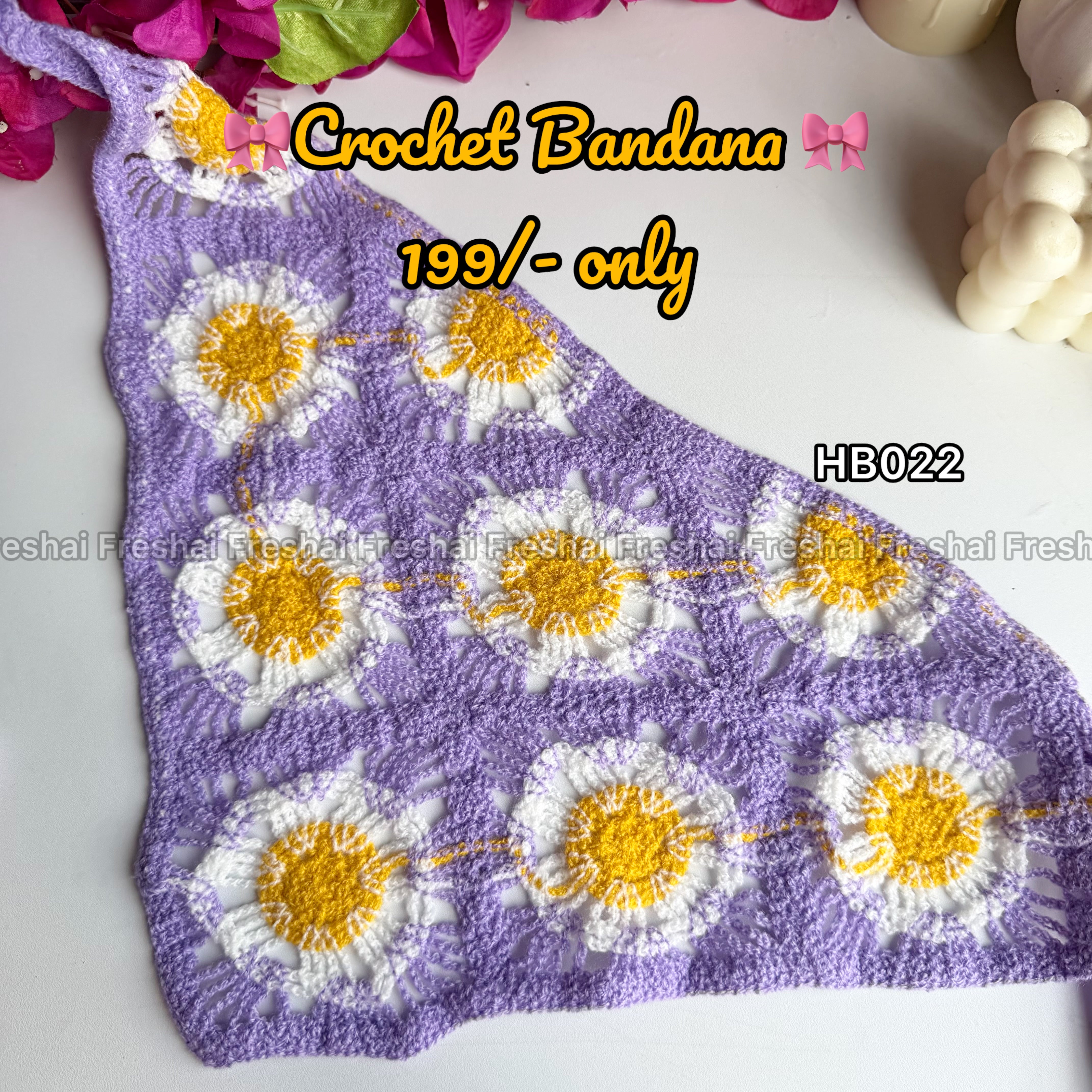 Purple Daisy Floral Crochet Bandana