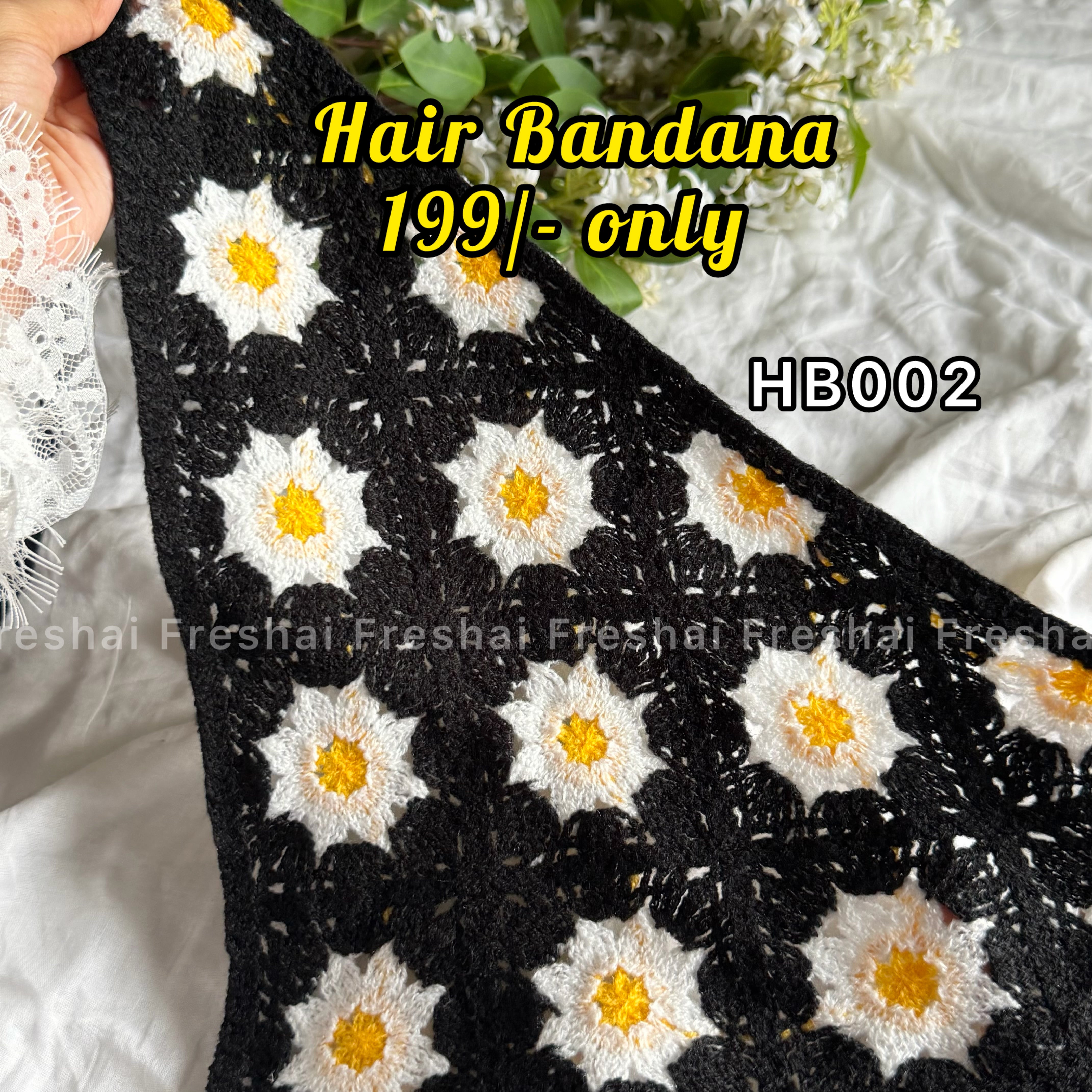 Black Daisy Crochet Hair Bandana