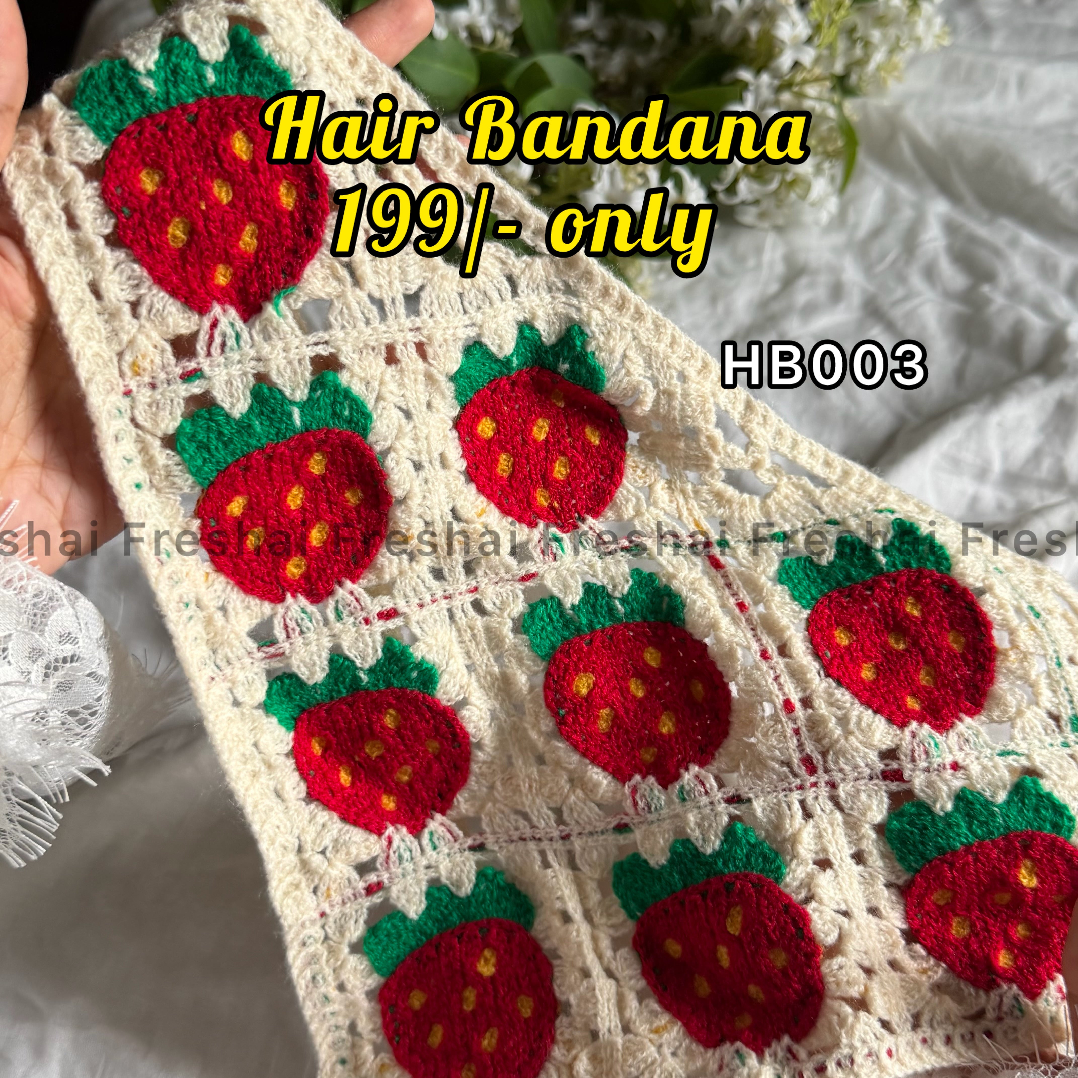 Cream Strawberry Crochet Hair Bandana