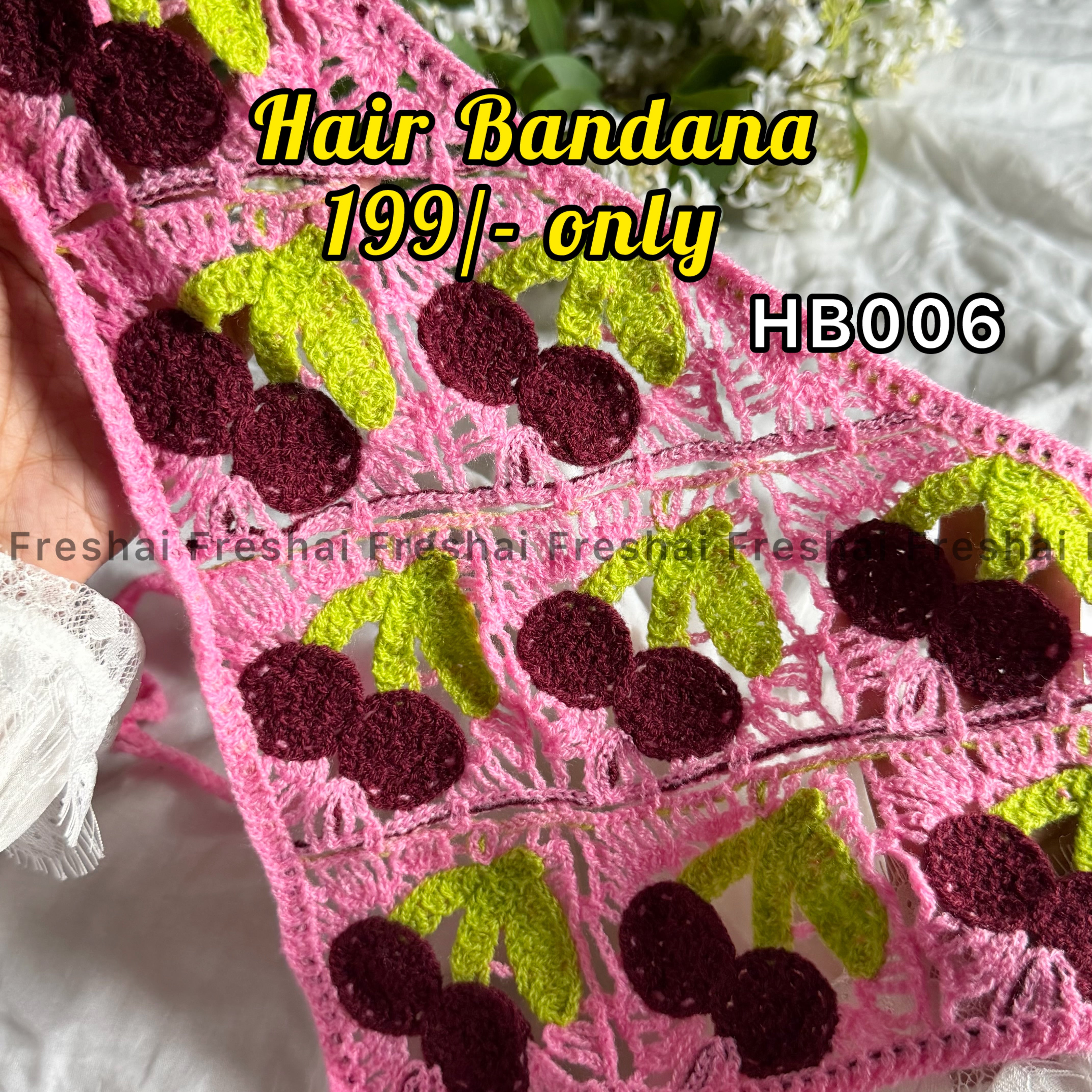 Pink Cherry Crochet Hair Bandana
