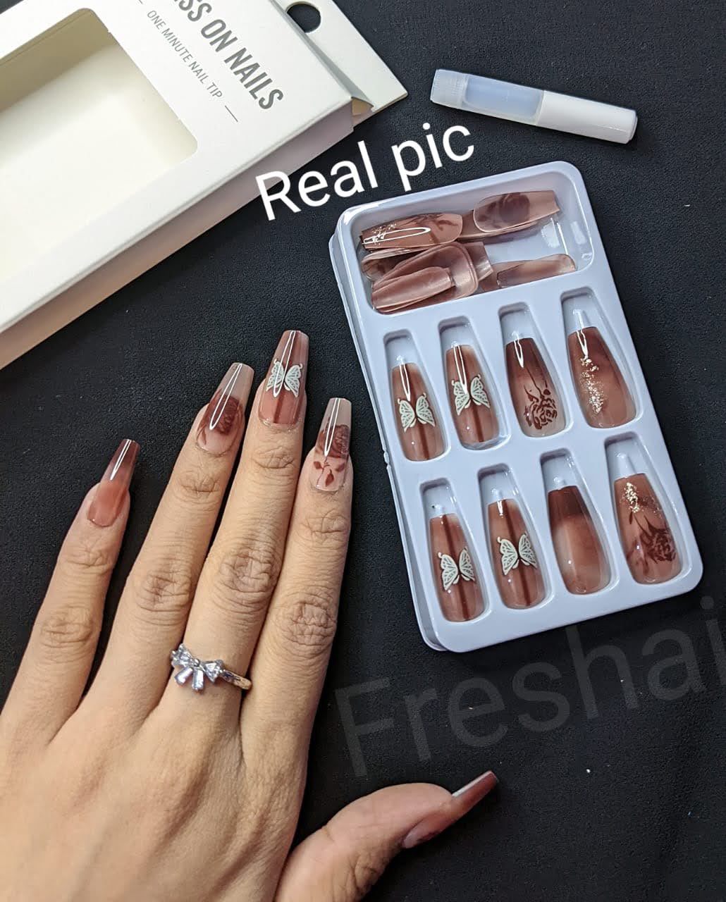 Brown Chrome Butterfly Coffin Press-On Nails