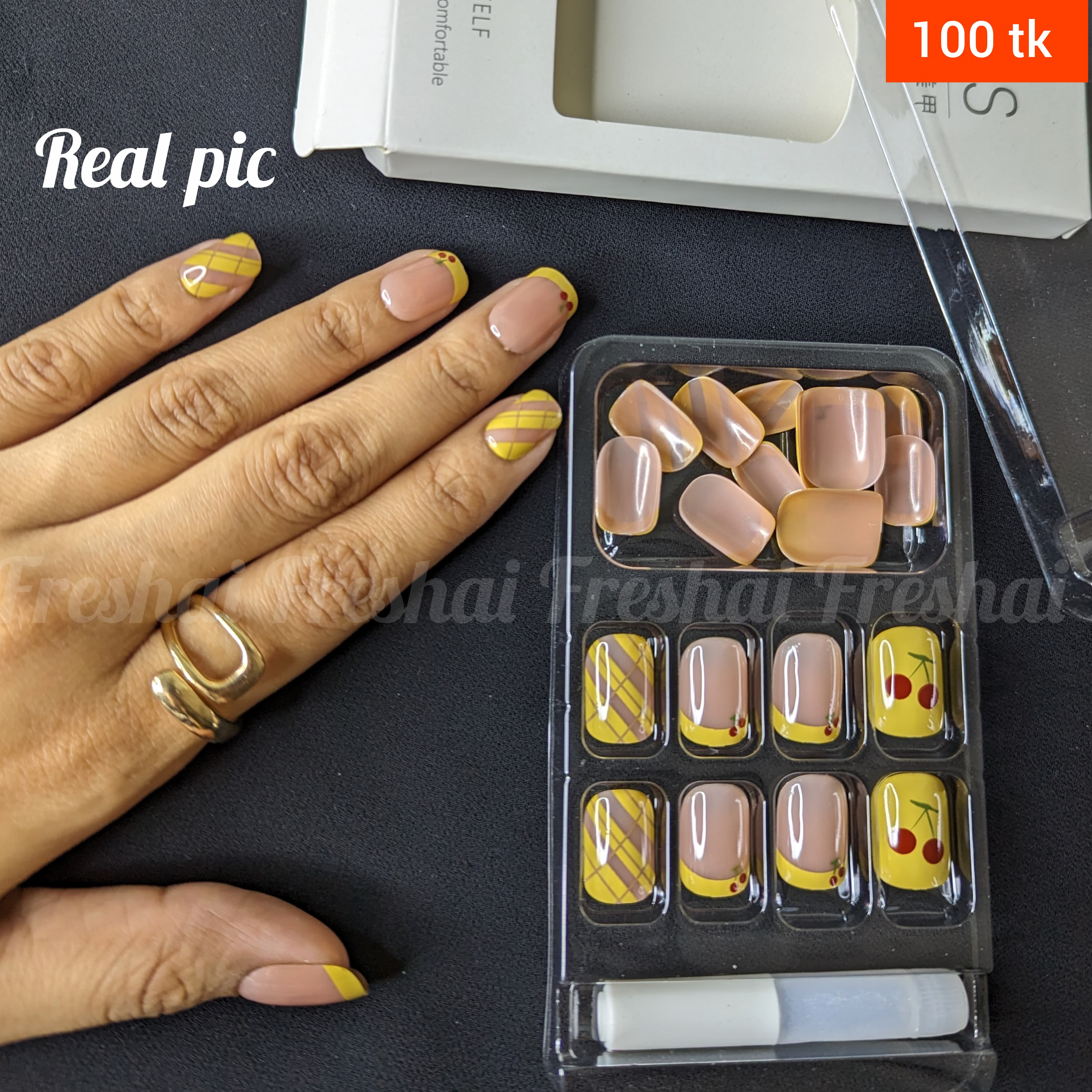 Cherry French Style Yellow Press On Nails