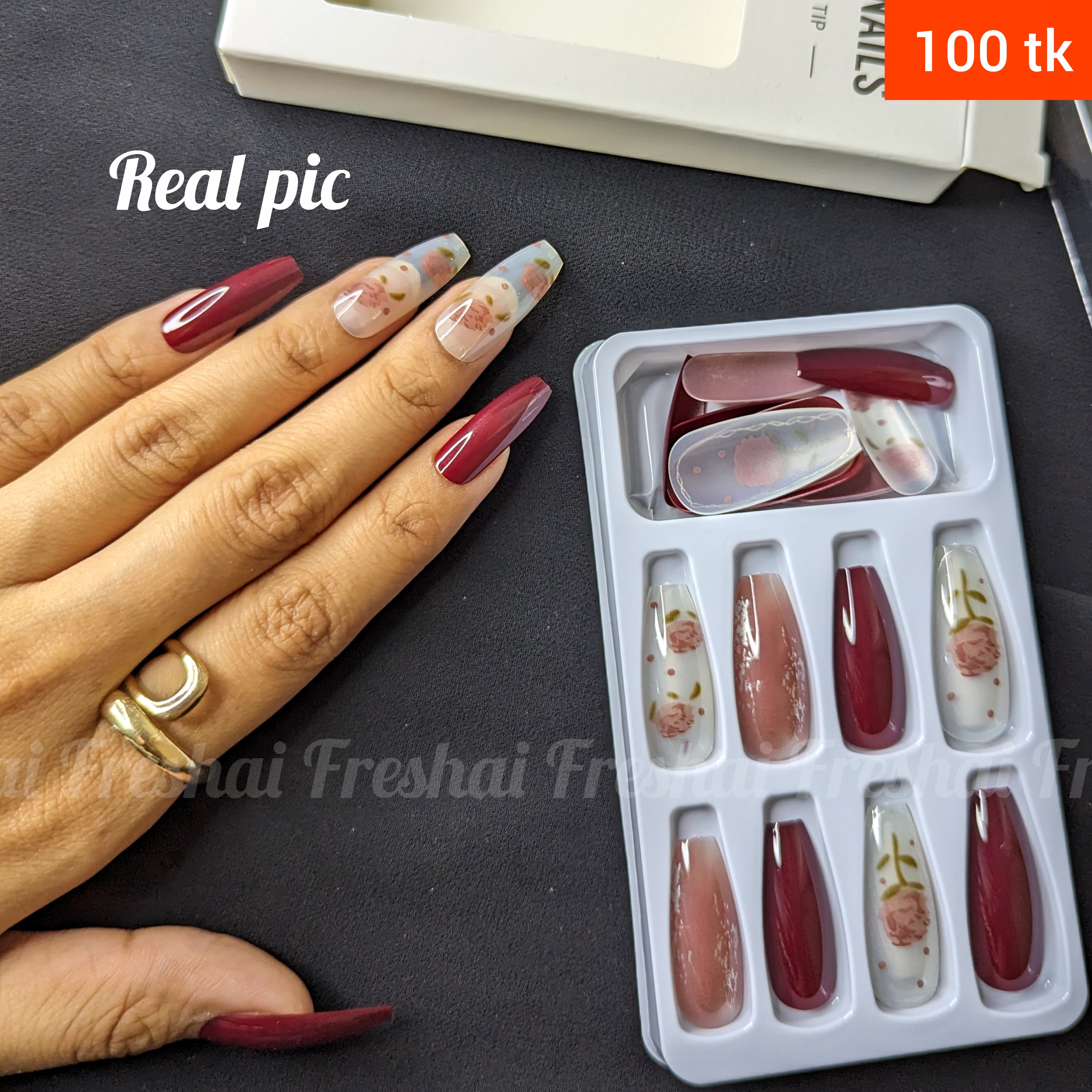 Maroon Flower Print Press On Nails