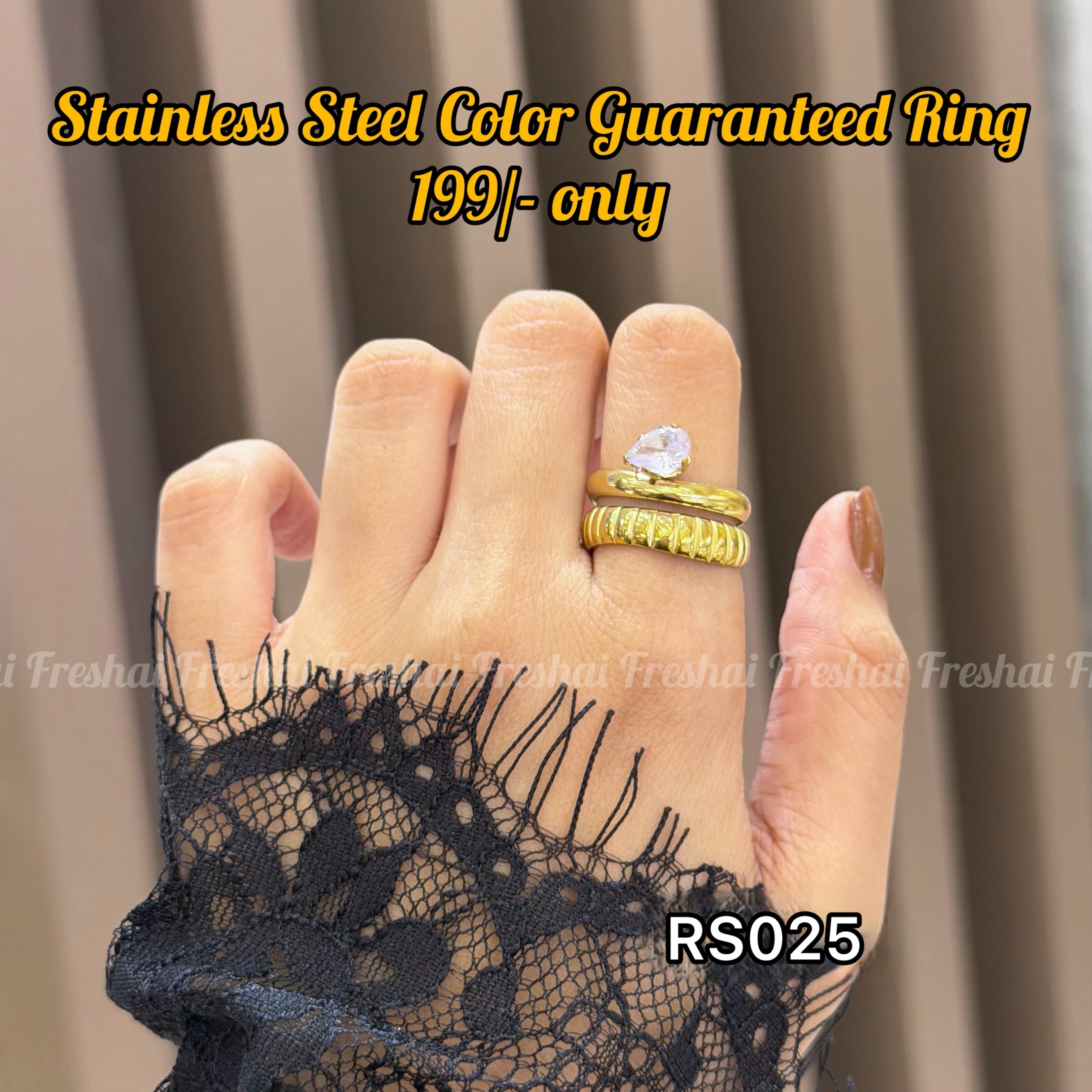 Pear Crystal Textured Dual Band Gold Stainless Steel Ring