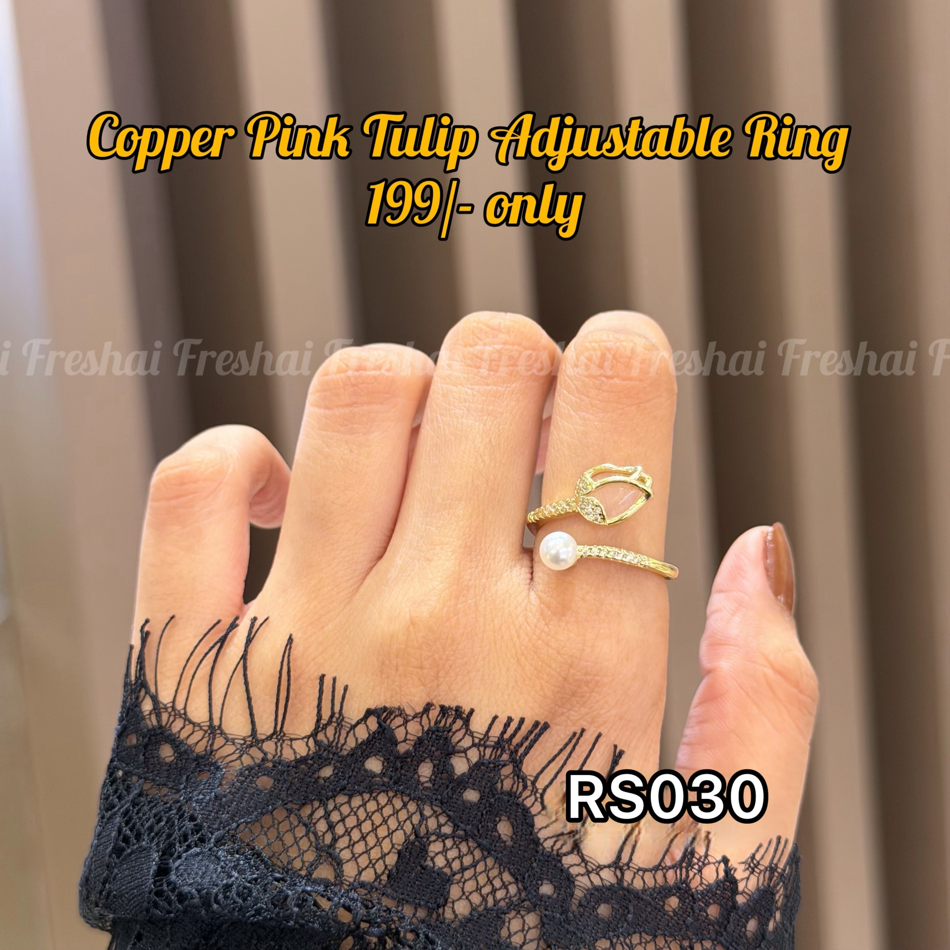 Pink Tulip Pearl Gold Stainless Steel Ring