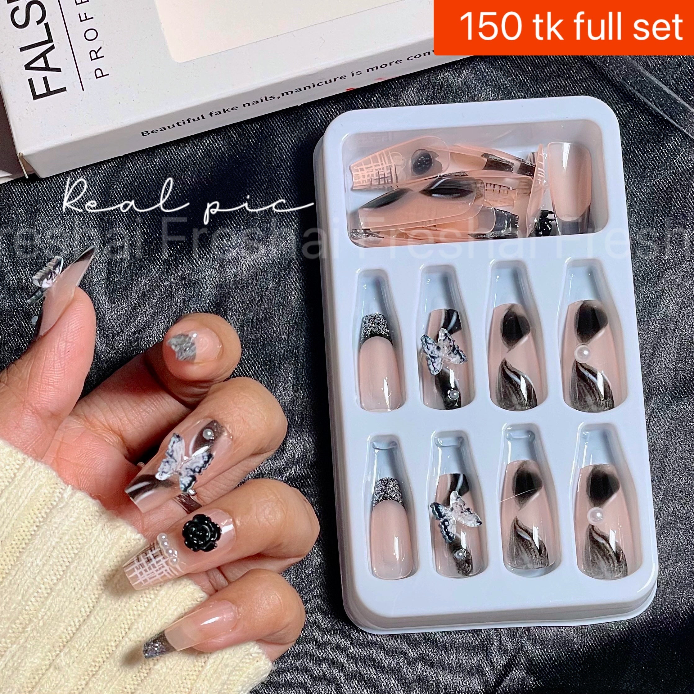 Black Marble Butterfly Press On Nails