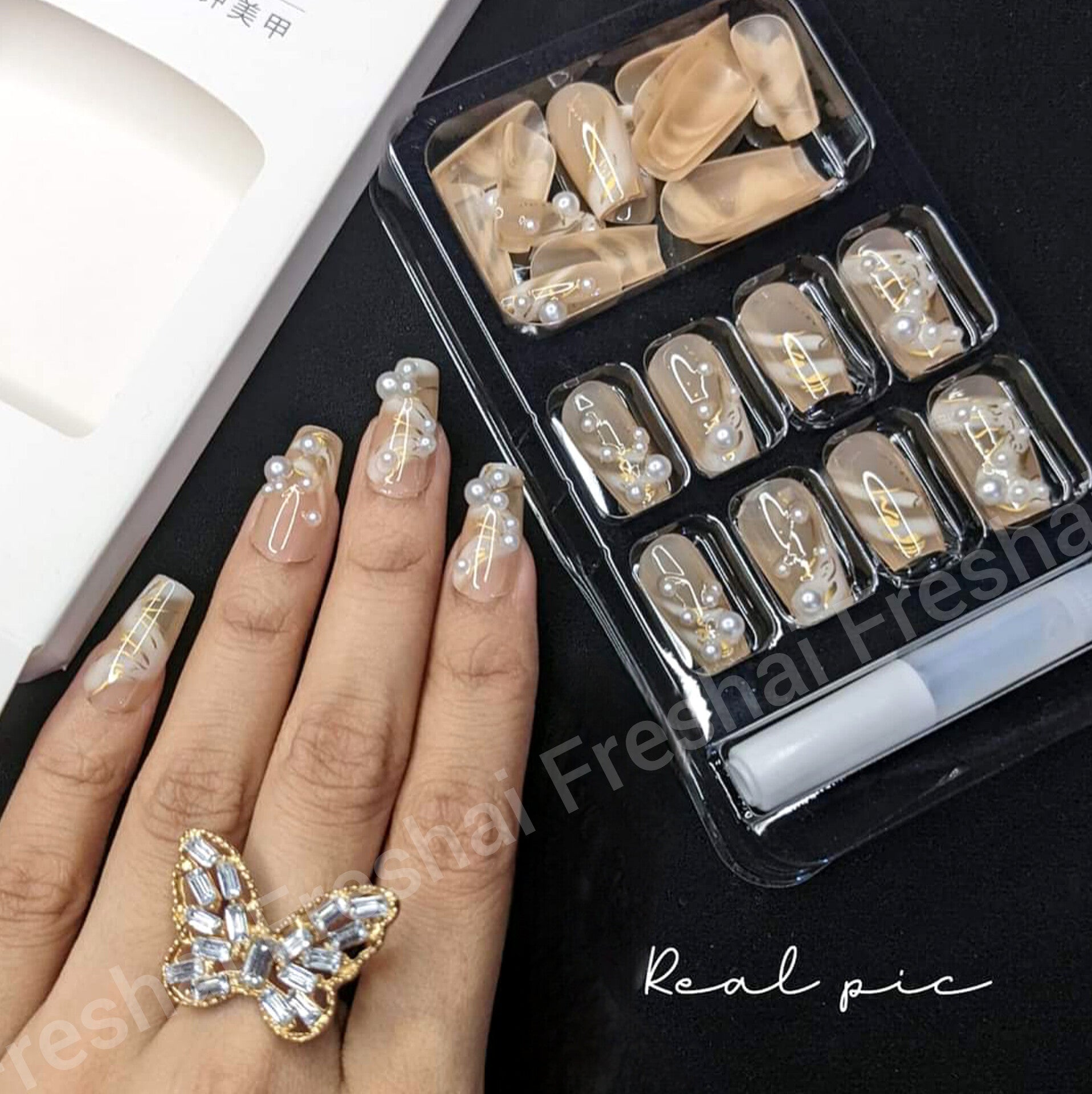 Brown Crystal Almond Press On Nails